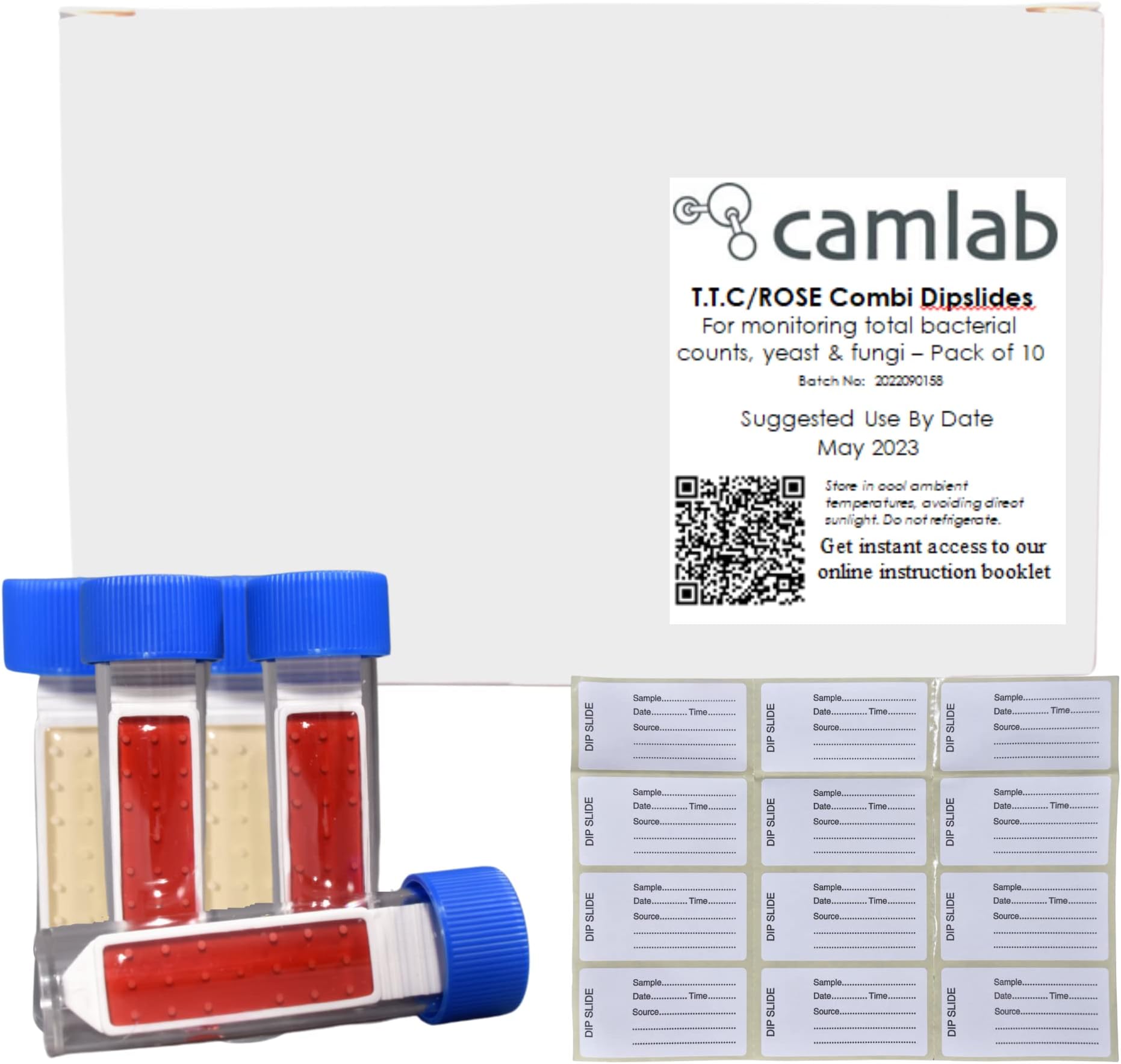 Camlab TTC/ROSE Total Viable Count And Rose Combi Dipslide Dip Tests With Sample Labels And QR Instructions Booklet Pack of 10