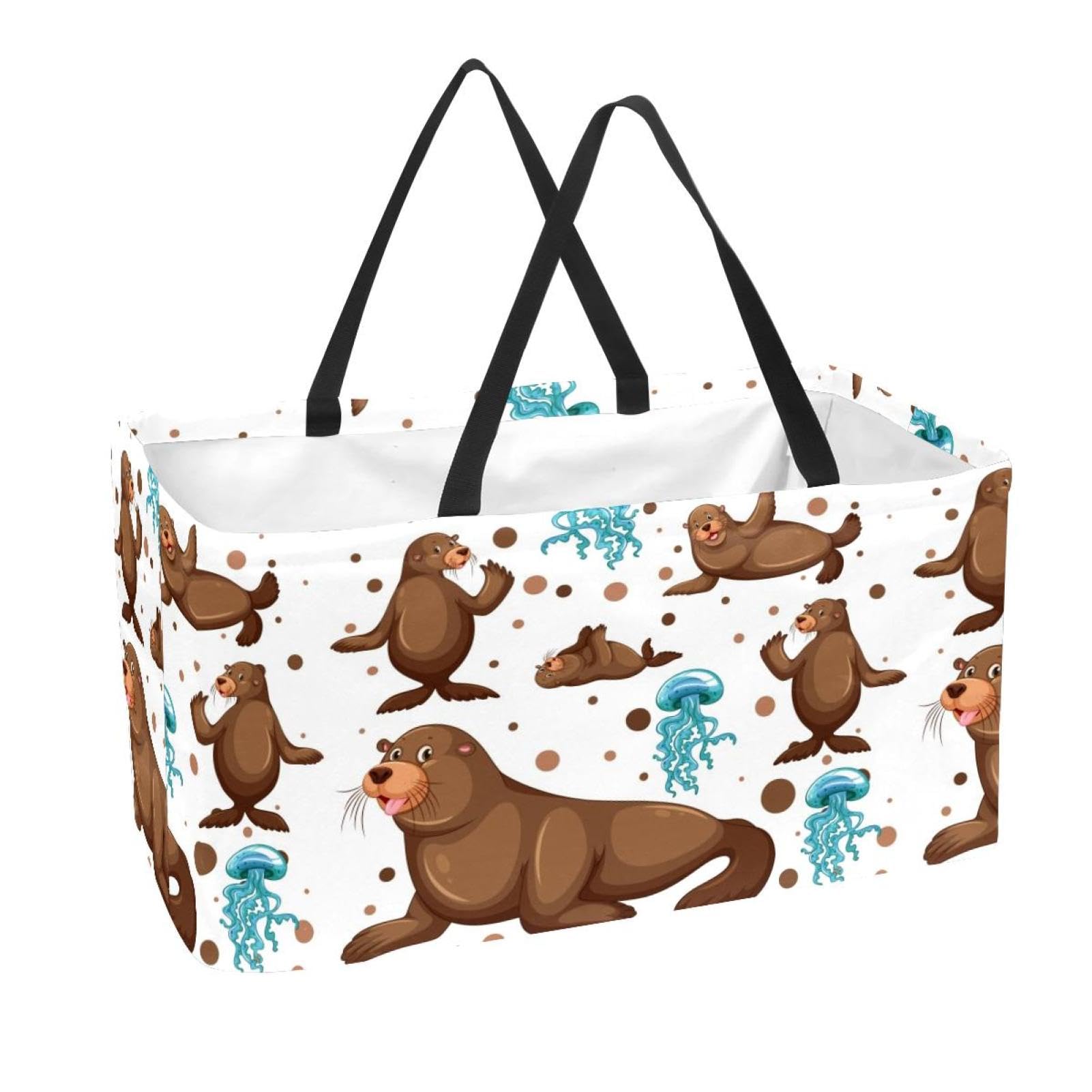 Sac d'épicerie réutilisable et lavable motif lion de mer et méduses