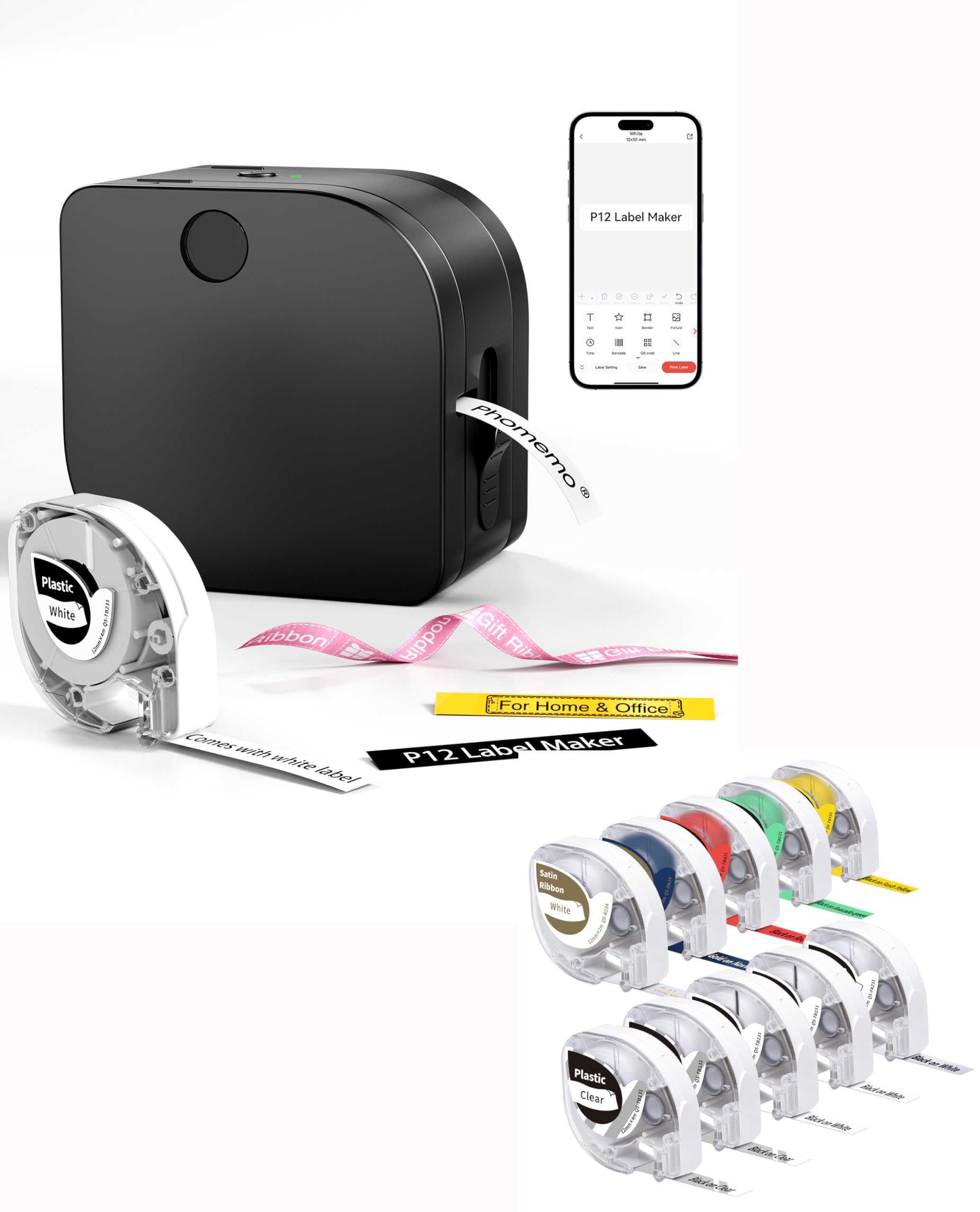 Phomemo P12 Etichettatrice con 10 Nastri (Raso/Termoadesivo/Plastica), Stampante di Etichette Bluetooth Portatile, Set Regalo per Casa, Scuola e Ufficio, Compatibile con iOS e Android