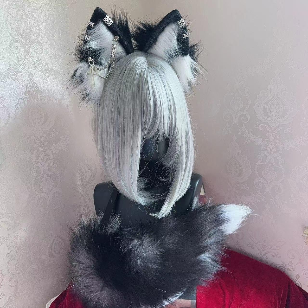 Ekwikzz Wolf Ears Tail Set Fox Wolf Headbands Clips Fluffy Cosplay Costumes, Gothic Punk Accessories for Halloween: Si Cross Bl Bu