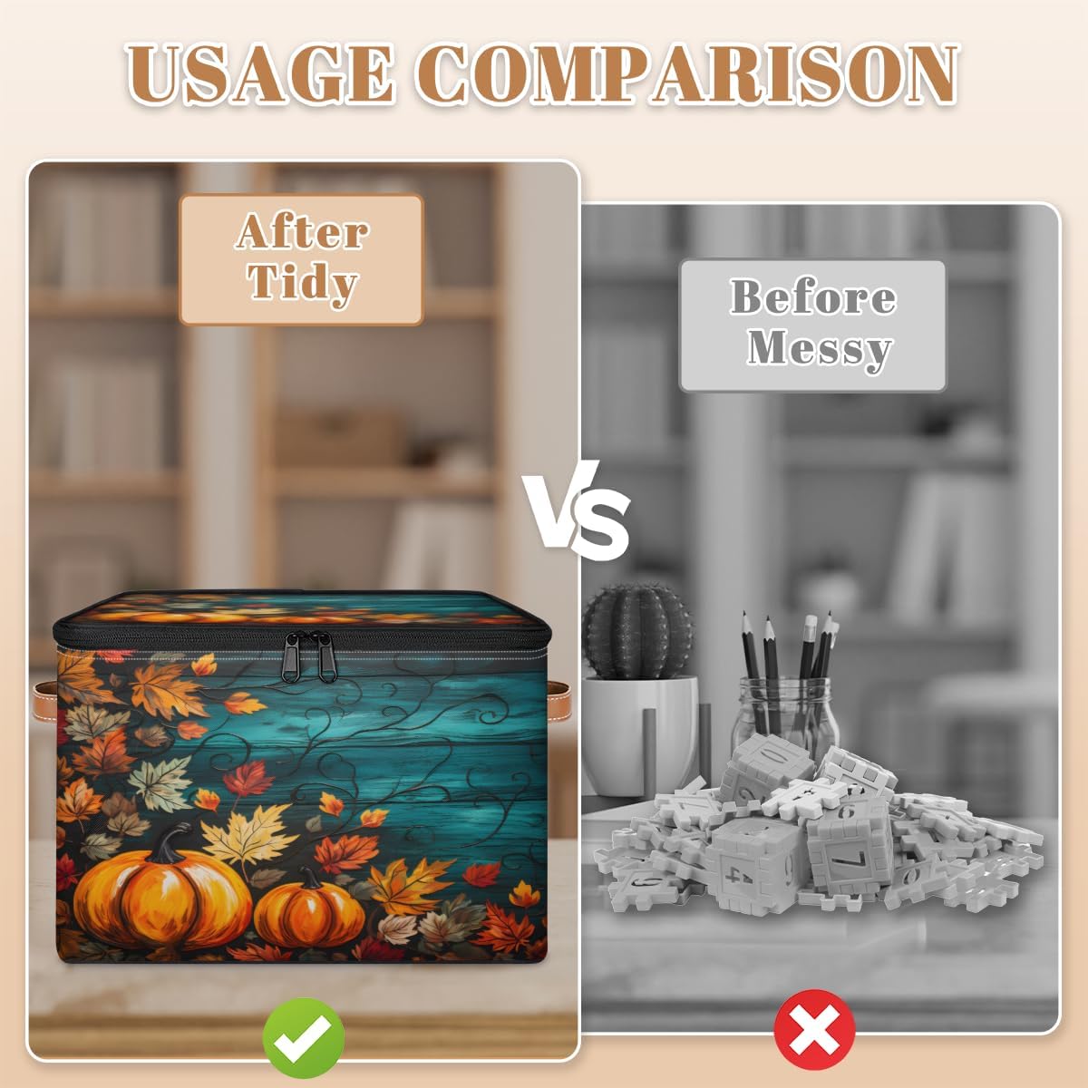 Storage Bin Set of 2 Maple Pumpkin Storage Basket with Zipper Lid & Handle Foldable Closet Shelf 2 Pack Cloth Organizer Basket Cube Bins Clothes Organizer for Nursery, Bedroom