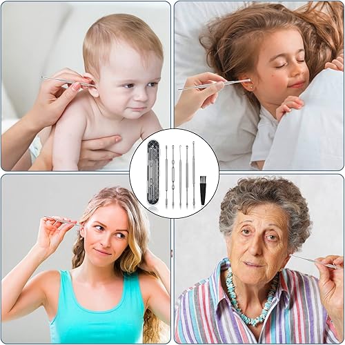 Miniatura 7 de Juego de 6 piezas de eliminación de cera de oído, herramientas profesionales de eliminación de cera de oído, de acero inoxidable 316L, con cepillo