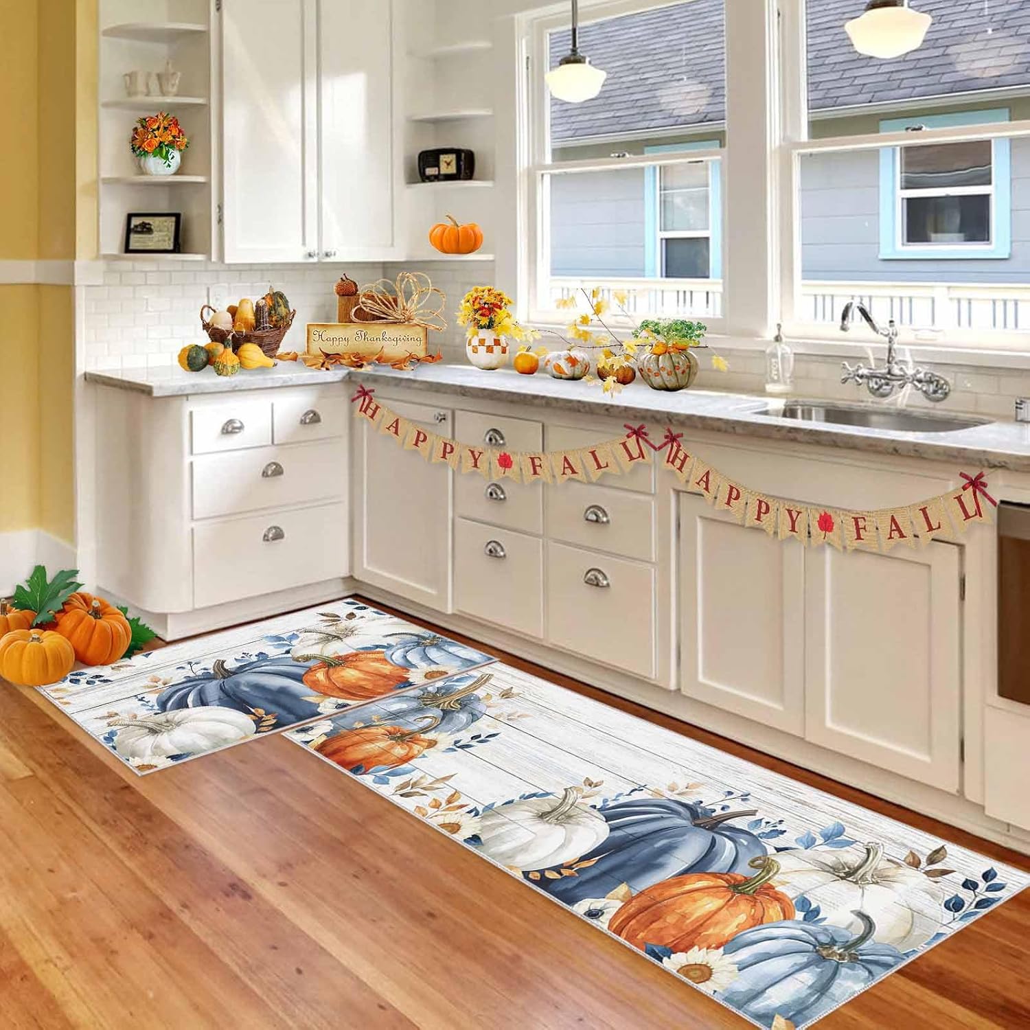 Fall Blue Pumpkin Kitchen Rugs 2Pcs Autumn Blue Orange Eucalyptus Leaves Thanksgiving Absorbent Non Slip Kitchen Mats and Rugs Wood Grain Kitchen Floor Mats for Sink Laundry 15.7x23.6in+15.7x47.2in