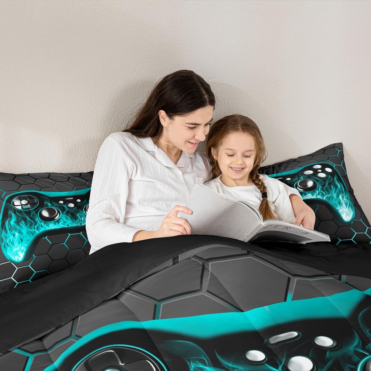 Erosebridal Juego de ropa de cama para niños, tamaño individual, juego de edredón de videojuegos para niños, decoración de habitación, ropa de cama de juegos, edredón geométrico azul y negro con