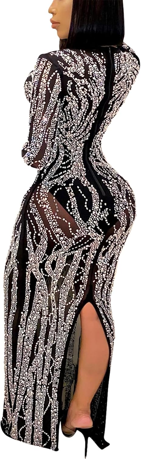 PORRCEY Sexy Elegant Rhinestone Dress for Women Mesh See Through Bodycon Birthday Cocktail Party Club Night Evening Gowns - Image 2