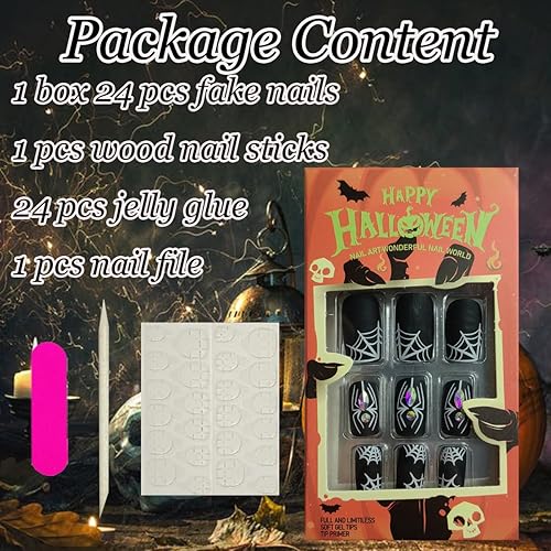 Miniatura 5 de Uñas postizas a presión de Halloween, cuadradas, medianas, tela de araña blanca con uñas, diseño de diamantes de imitación, uñas adhesivas mate con