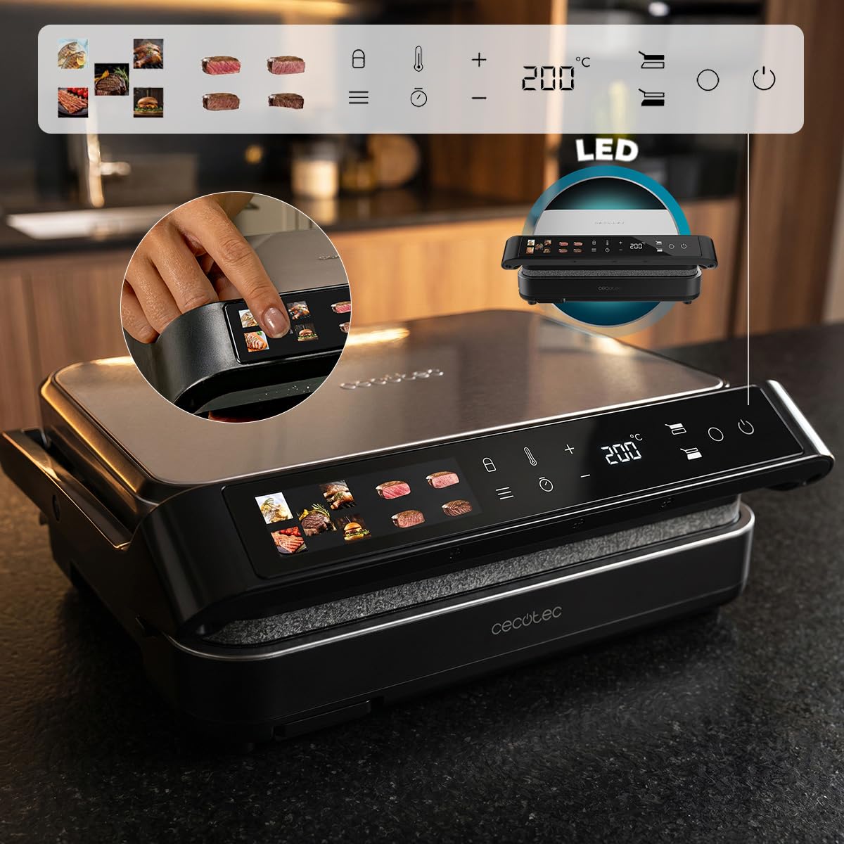 Cecotec Elektrogrill Rock'nGrill 2000 PerfectCook. 2000 W, Temperaturfühler, Touch-Steuerung, Dual-Temp, Öffnung 105 °C, Fettauffang, abnehmbare Platten, 30x23 cm, Edelstahl