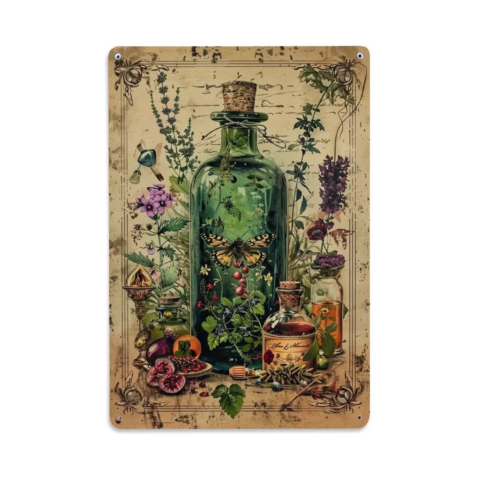 Botanical Alchemy Bottle Artwork Tin Sign Metal Poster Vintage Metal Signs for Home Man Cave Bar Cafe Kitchen laundry room Wall Decorations Gift 8x12Inch