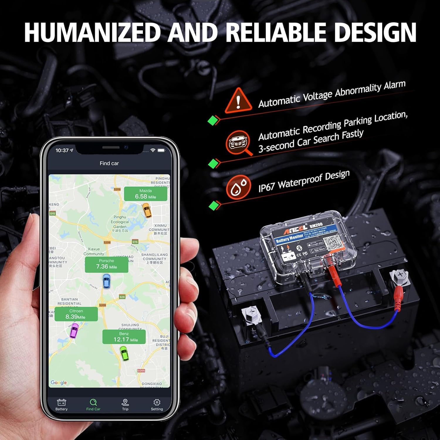 ANCEL BM200Blue Bluetooth 4.2 Moniteur de Batterie - Testeur de Batterie de Voiture 12V - Battery Monitor pour les Batteries au Lithium et Plomb-acide - avec test de charge et de démarrage Alarme