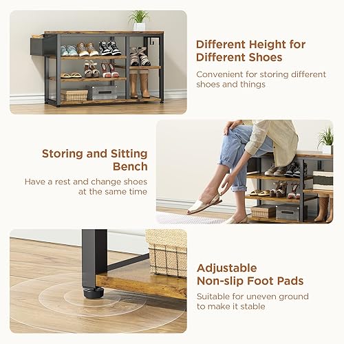 Miniatura 23 de Aiho Árbol de pasillo con banco de zapatos, industrial 4 en 1, perchero con 4 ganchos, 5 cubos de almacenamiento, para entrada, pasillo, color