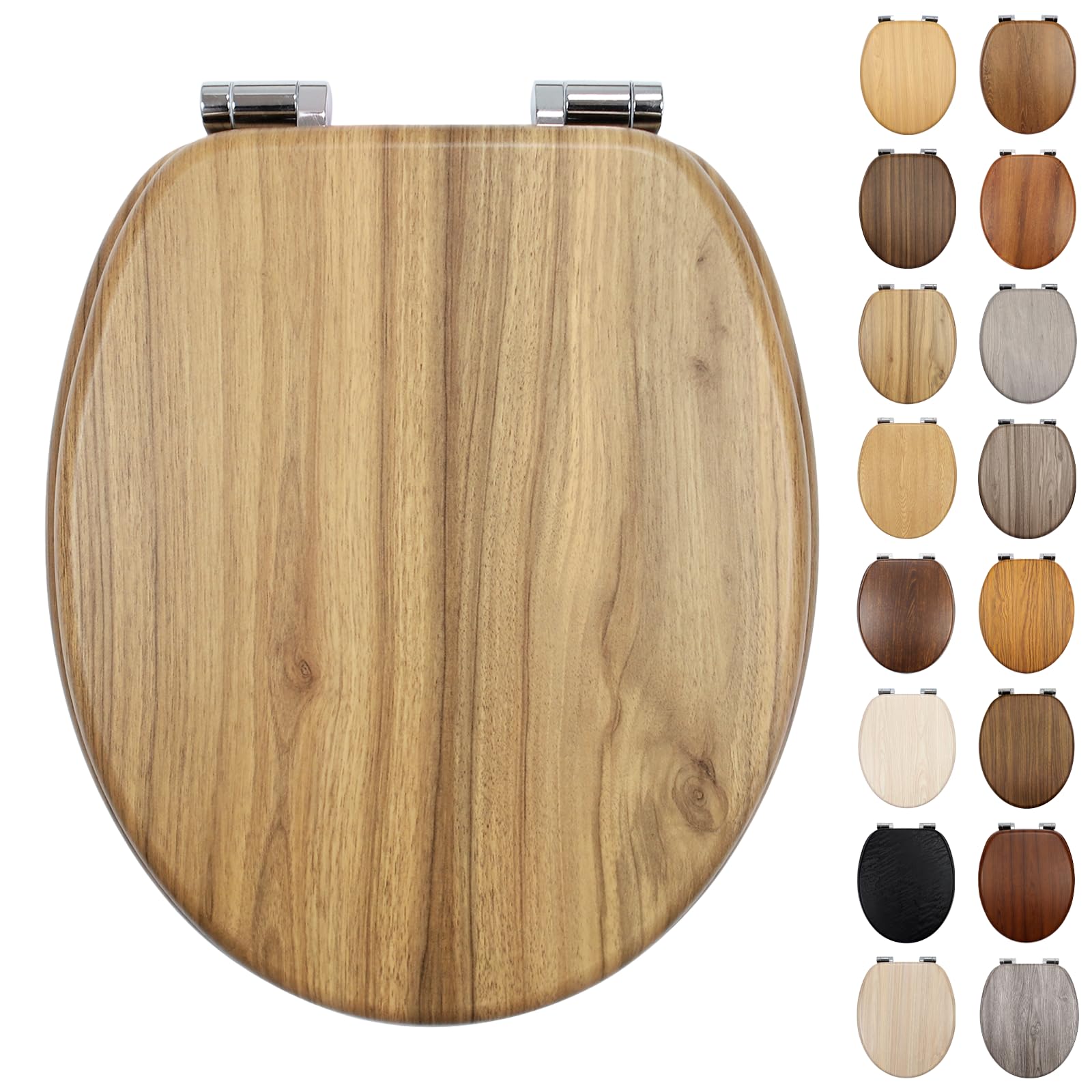 Fanmitrk Standard Wooden Toilet Seat Soft Close, MDF Adjustable Zinc Alloy Hinges with Bottom Fixture,Easy to Clean and Install for Bathroom (BL101-7-01) — image 1