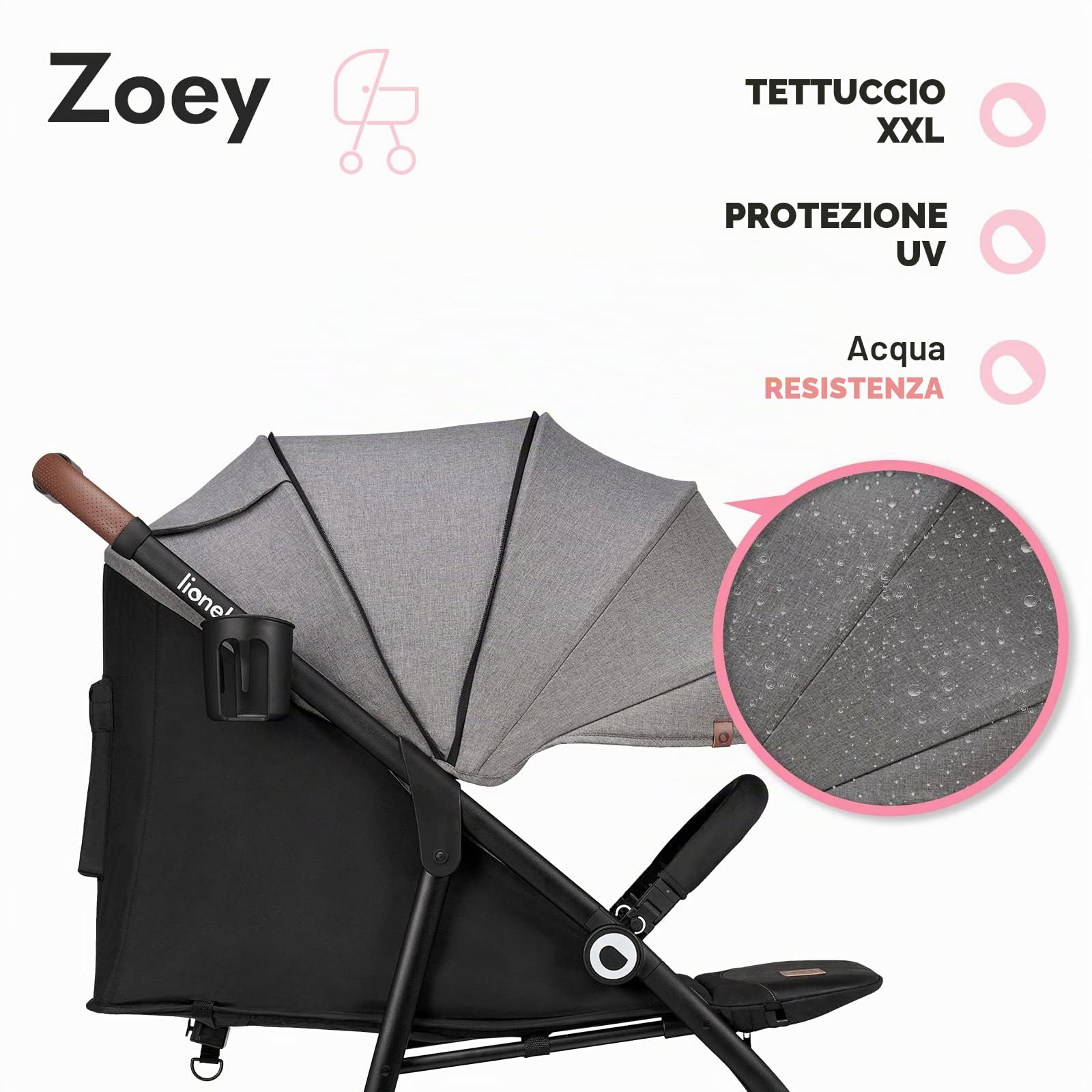 LIONELO Zoey Passeggino Leggero Pieghevole per Bambini fino a 15 kg | Schienale Reclinabile, Poggiapiedi Regolabile, Ruote in Schiuma EVA, Cappottina XXL con Protezione Solare, Zanzariera
