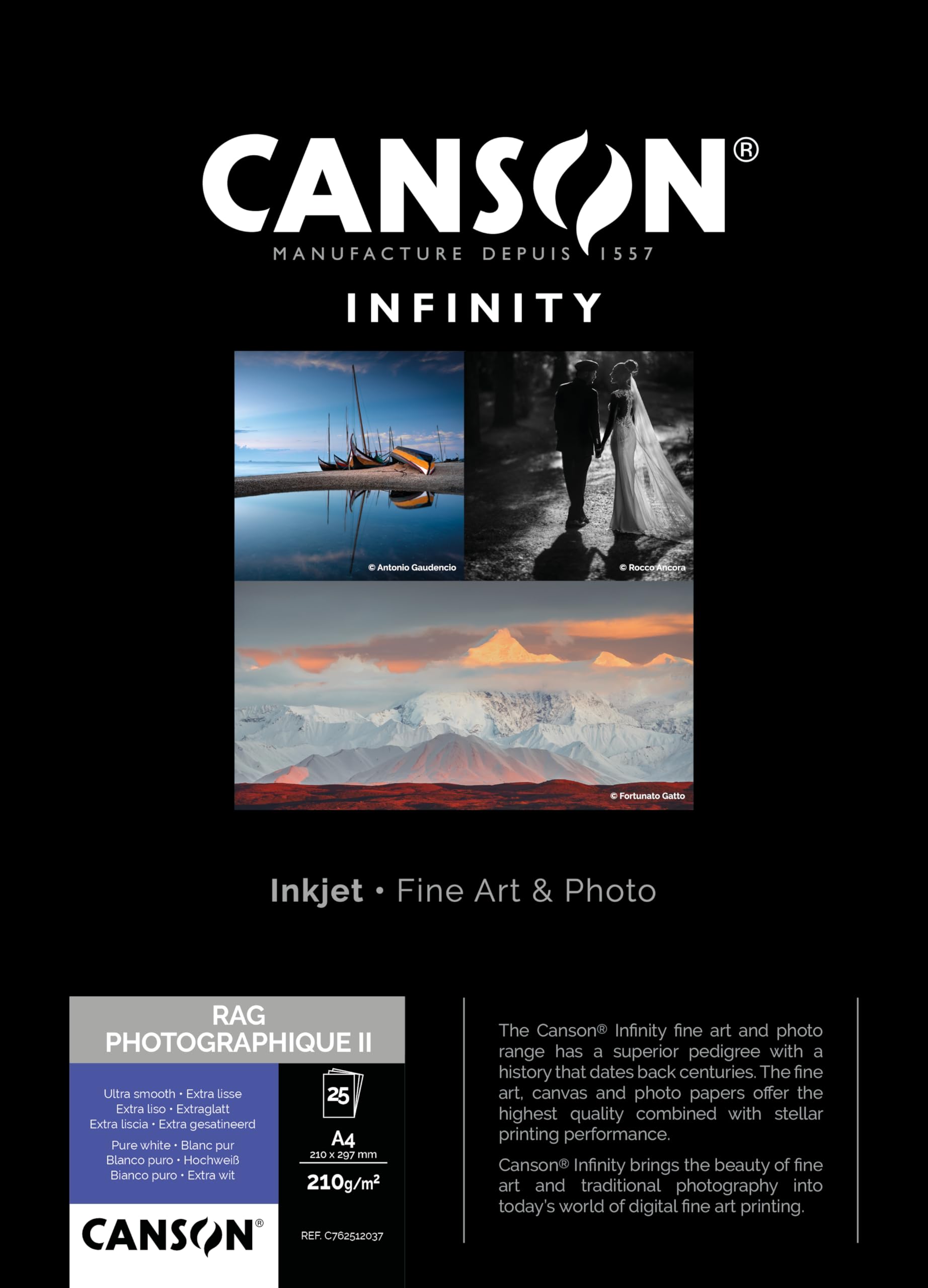 Canson Infinity Rag Photographique, Digital Photo Paper, Ultra Smooth, 210 g, Box, A4-21x29.7 cm, White, 25 Sheets