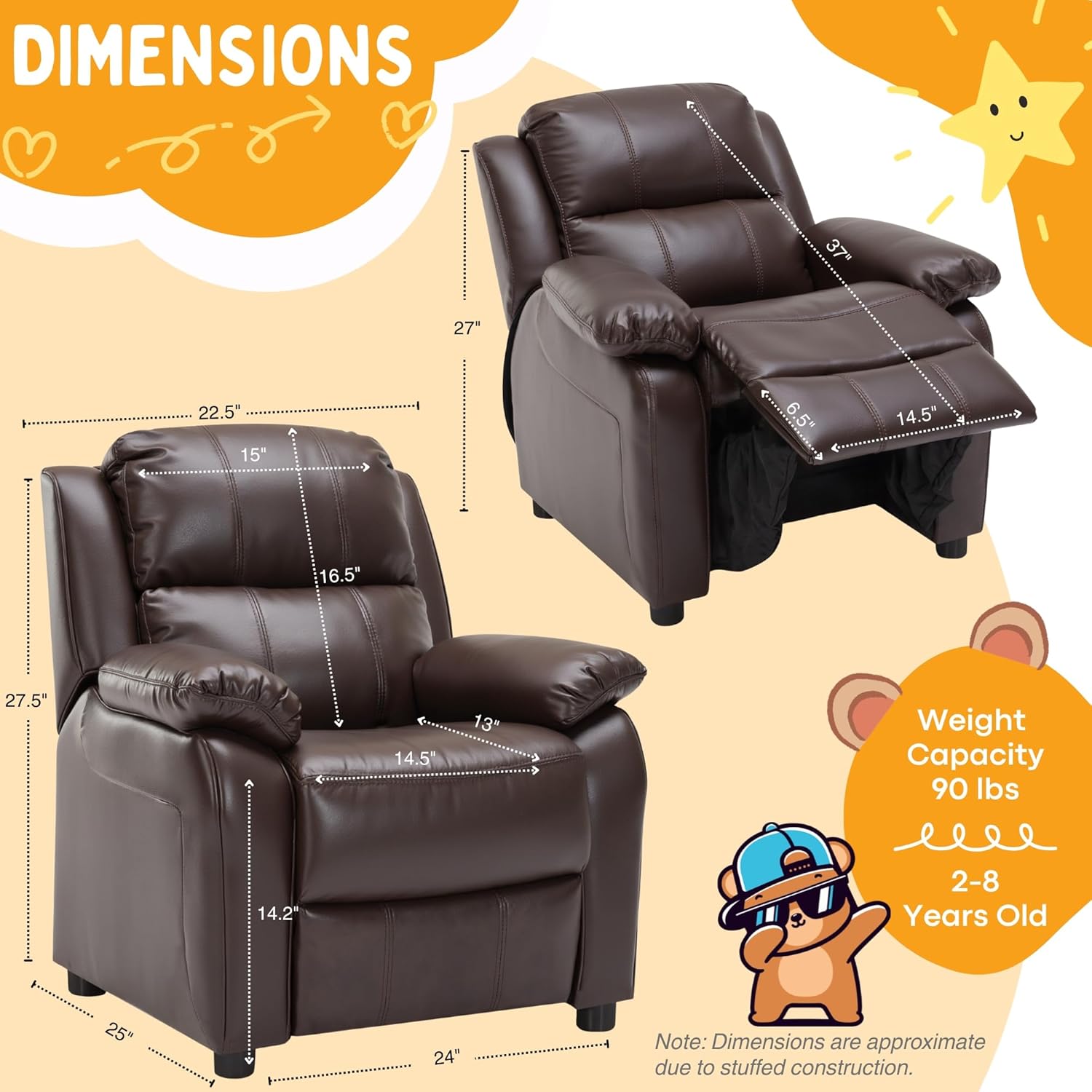 Macaron Kids Reclining Chair Leather Recliner Sofa Push Back Toddler Youth Children Child Ages 2-8