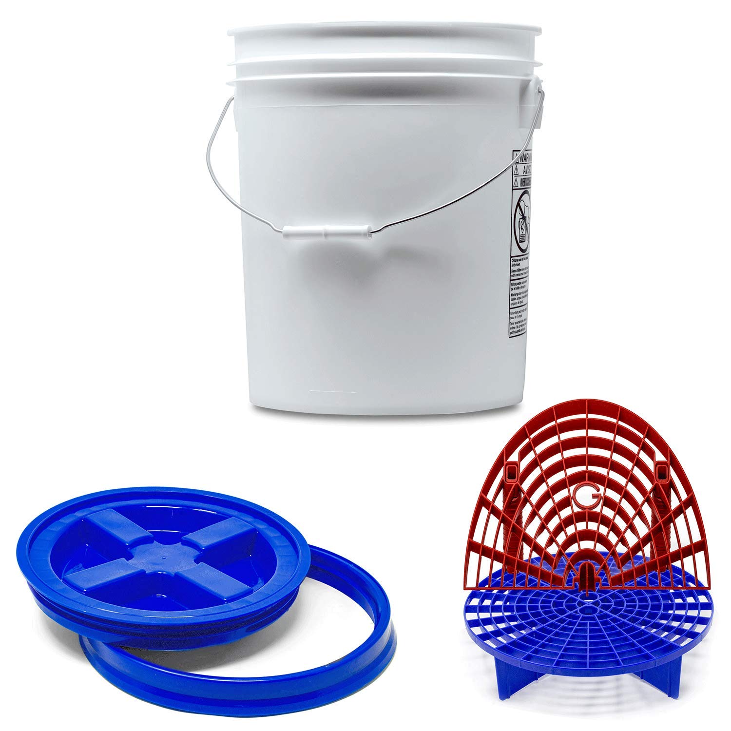 Detailmate professionelles Wasch Eimer Set: Magic Bucket Wascheimer 5 GAL (ca. 20 Liter), Gamma Seal Eimerdeckel blau, GritGuard Schmutz Einsatz blau, GritGuard Washboard rot