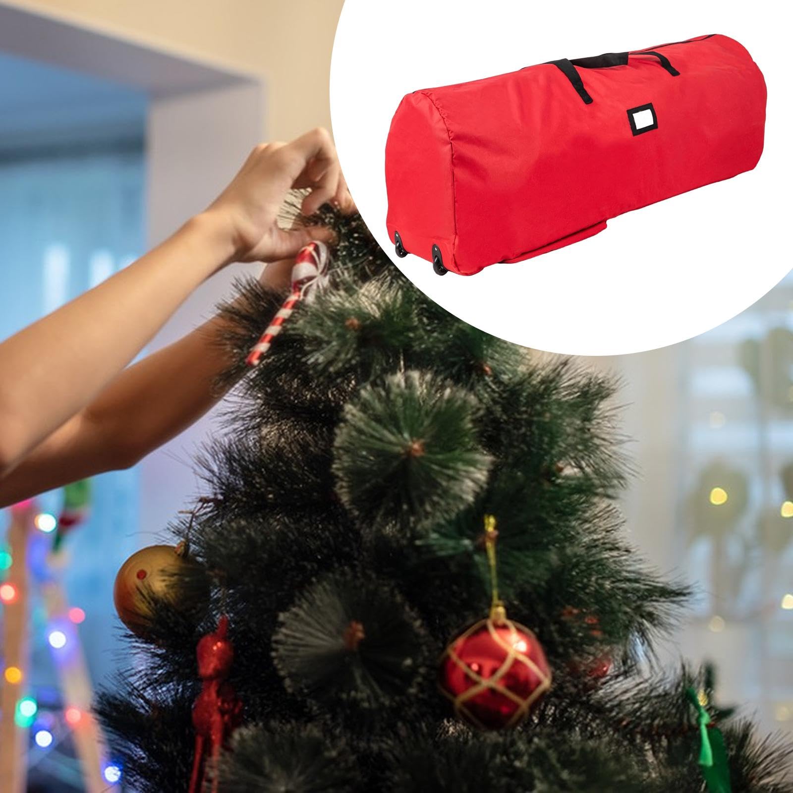 Sac de Rangement Arbre de Noël avec Roues et Poignées Protection Complète par Fermeture Zippée Tissu Oxford Résistant Adapté Au Transport et Au Stocka, Rouge 122x38x51cm