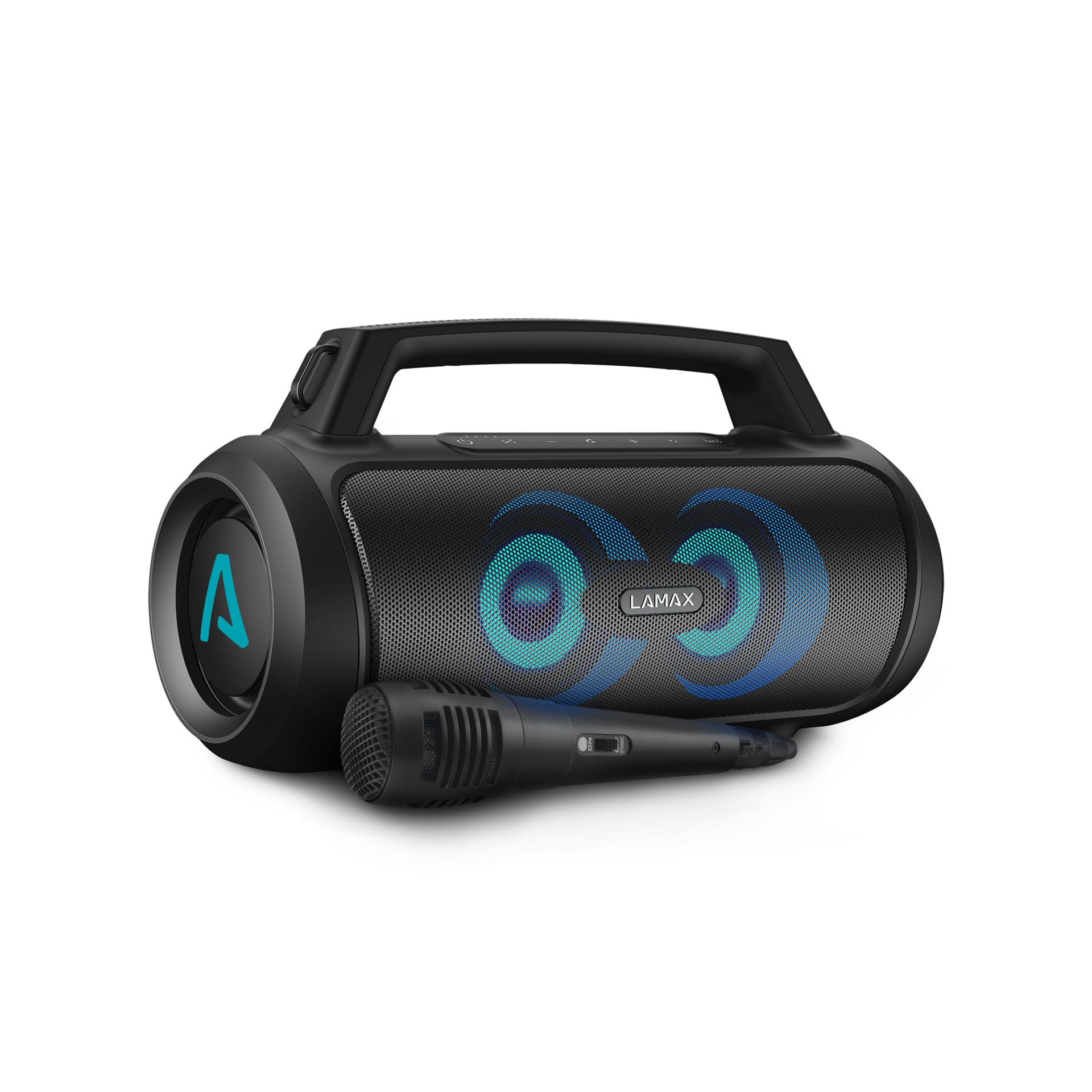 LAMAX PartyGo1 Tragbarer Bluetooth-Partylautsprecher mit Griff und kabelgebundenes Mikrofon, BT 5.3, Leistung 100 W, 3 LED-Hintergrundbeleuchtungsmodi, 20 Stunden Akkulaufzeit, wasserdicht IP67