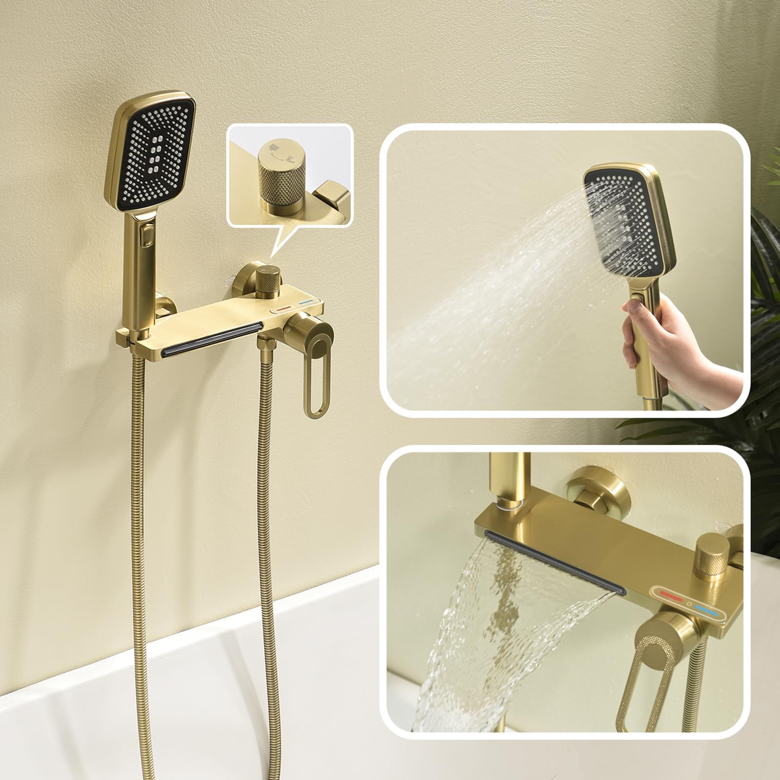 XJTNLB Robinet de Baignoire avec Douchette Mitigeur Douche Or Brossé, Mitigeur Cascade Baignoire Robinet Bain Douche Mural en Laiton