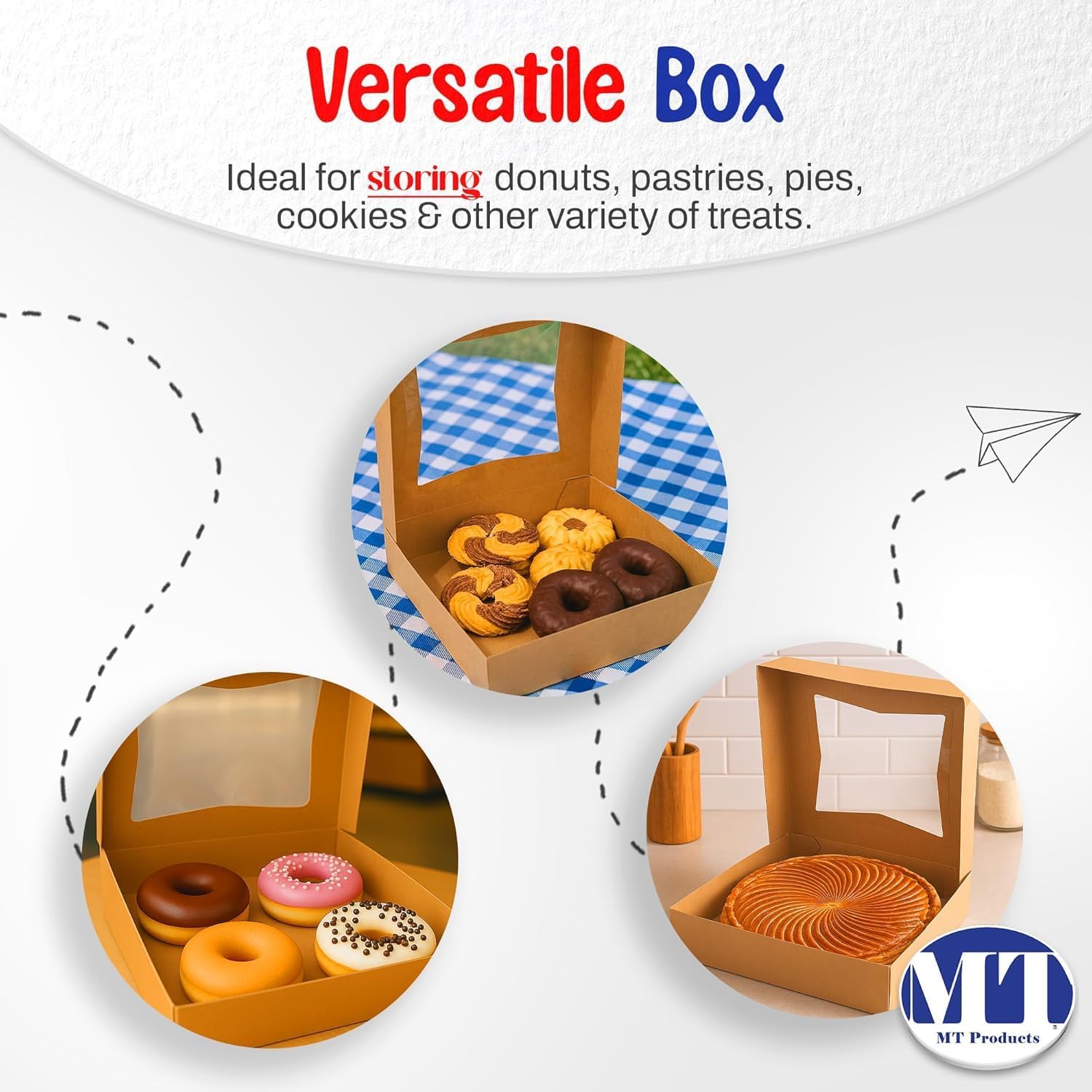 MT Products Kraft Pie Boxes 10" x 10" x 2.5" - Auto Pop-Up Bakery Cake Boxes with Window (Pack of 200) - Made in the USA