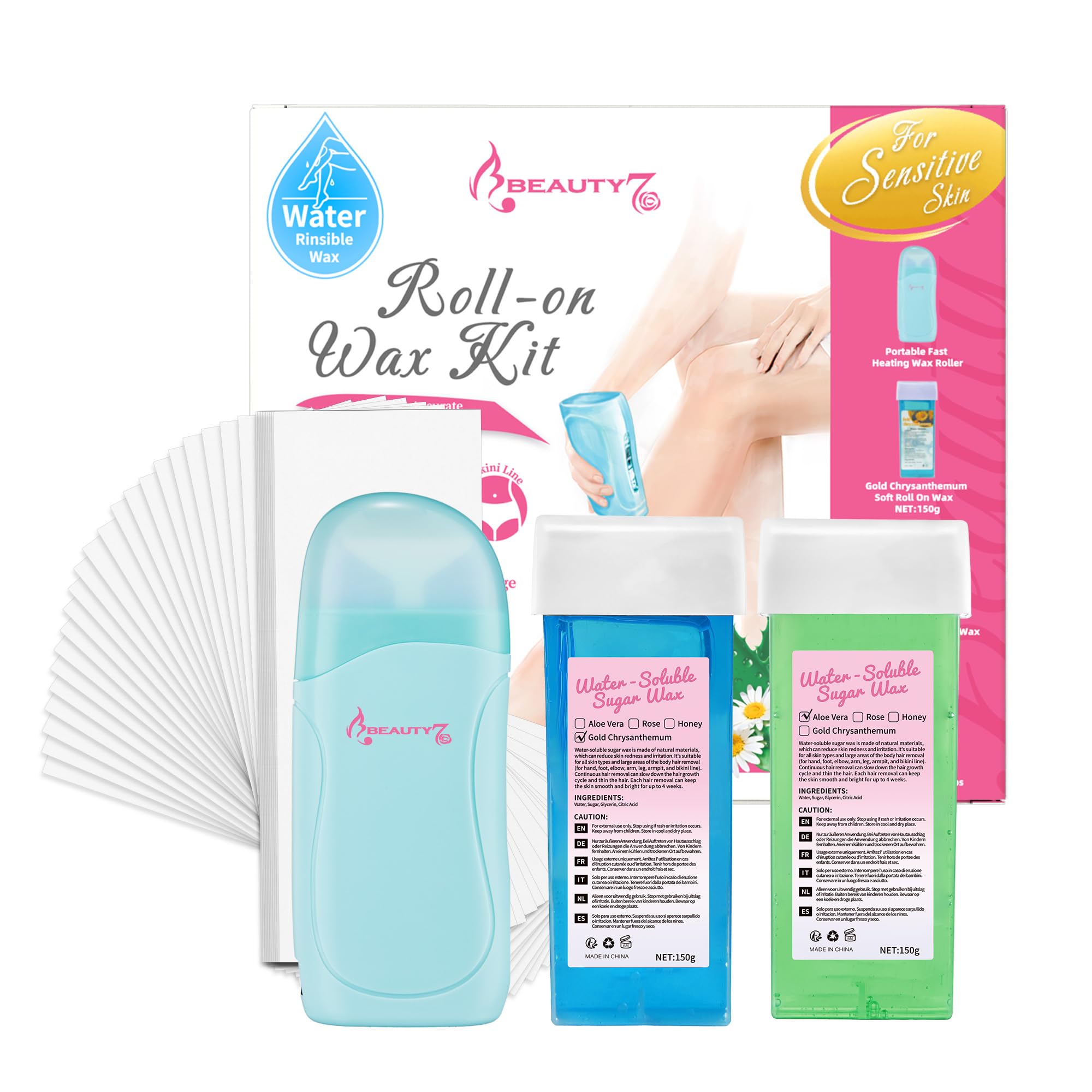 Roll on Wax Kit with Aloe Vera + Chamomile Wax Cartridges, Electric Warm Wax Device 100pcs Non-Woven Wax Strips for Hair Removal, Roller Waxing Kit, Portable Thermostable Wax Warmer Depilatory