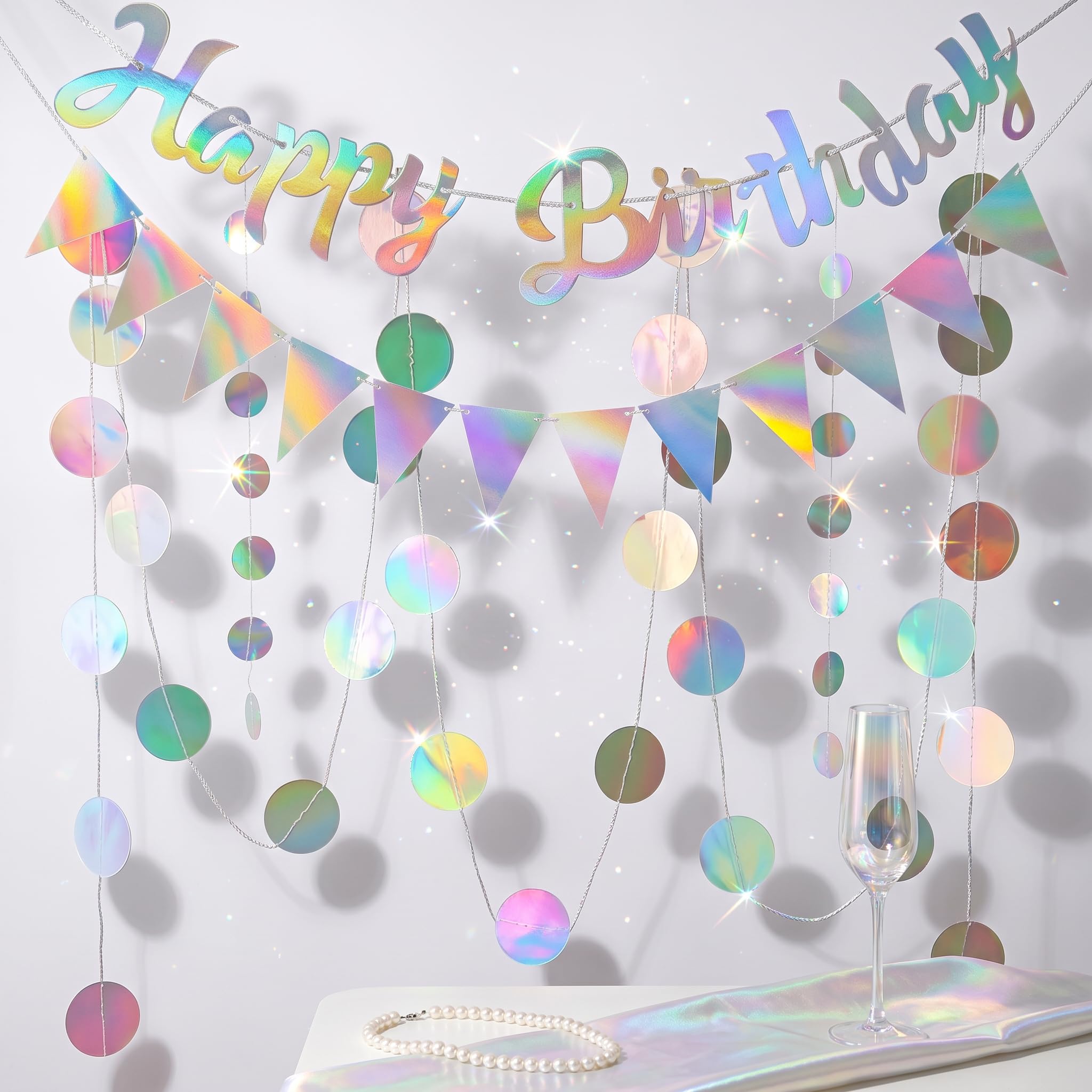 Happy Birthday Banner Rainbow Iridescent - 4m Garland & 12pcs Bunting Flags Set - Reusable Party Decorations for Adult Celebration, Home Anniversary Decor