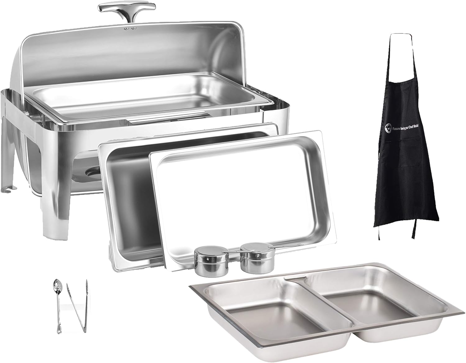 8qt Roll Top Chafing Dish Bundle - Durable Full-Size Chafer Stainless Steel- 1 Full Size Food/Water Pan, 1 Sectional Food Pan, 1 Tung, 1 Serving Spoon - Fuel Holders and Lid + Apron