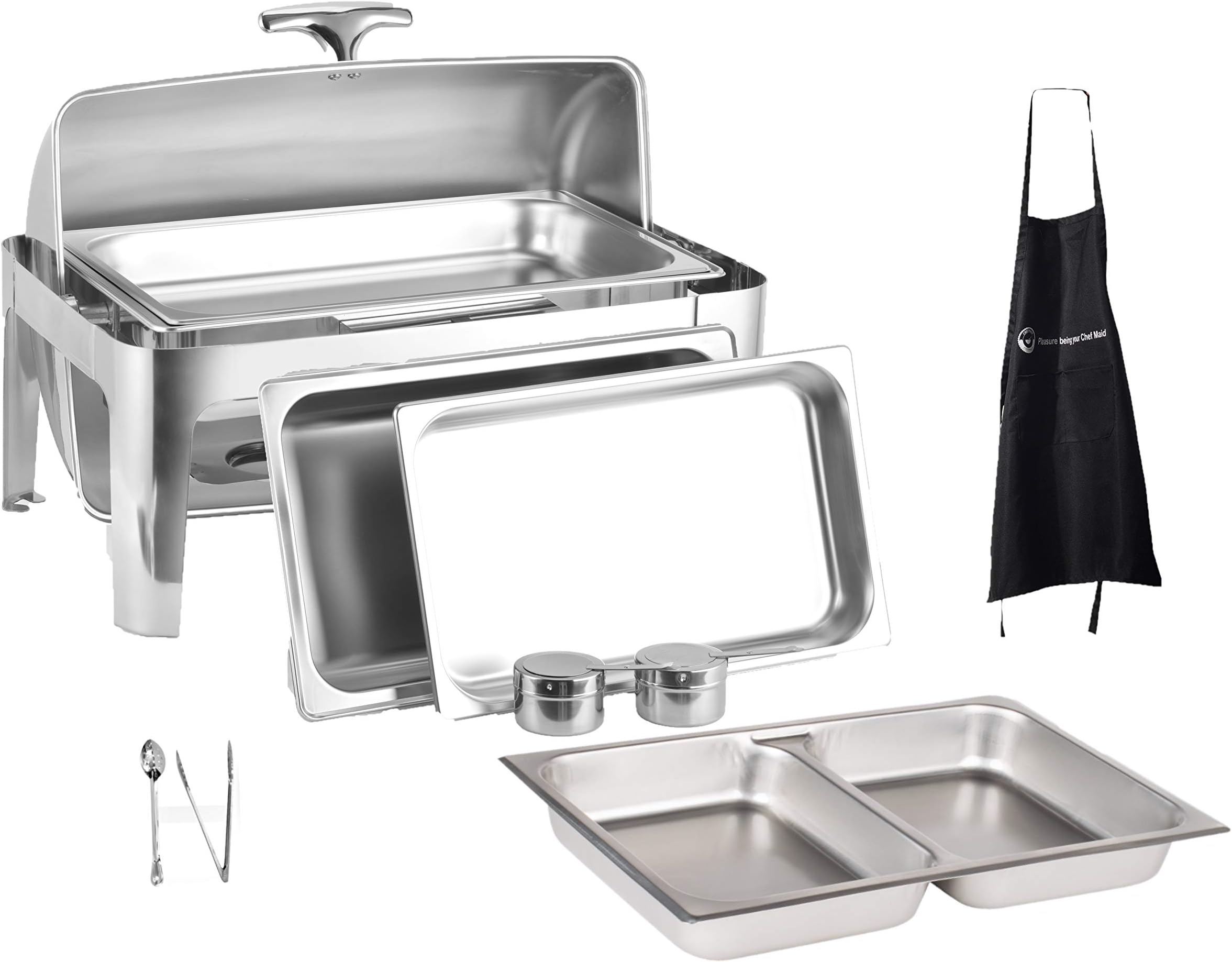 CHEFQ 8 Qt Full Size Roll Top Chafing Dish Bundle Stainless Steel - 1 Full Size and Food Pans, 1 Water Pan, 1 Sectional Food Pan, 1 Tung and 1 Serving Spoon - Fuel Holders and Lid + Free Apron,