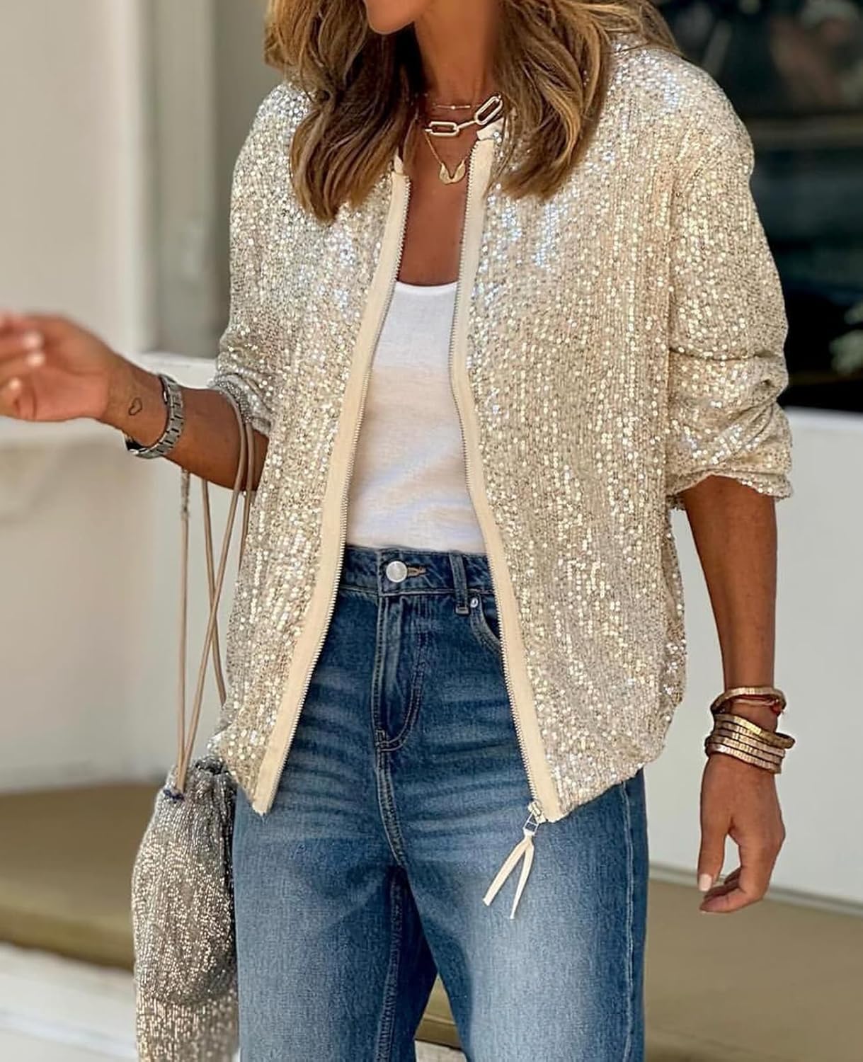 MINTLIMIT Women's Sequin Jackets Long Sleeve Crew Neck Zip Glitter Blazer Cocktail Party Club Sparkly Bomber Jacket - Image 6