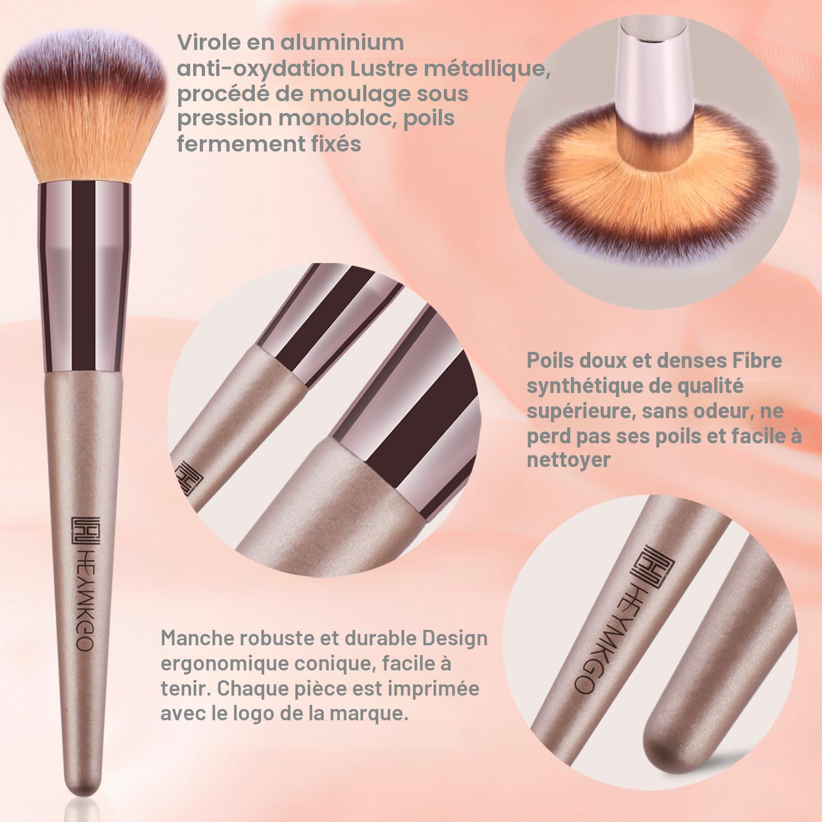 HEYMKGO Pinceaux Maquillages, Lot de 15 Set Pinceaux Maquillage Professionnel avec Trousse en Cuir PU, Kit Pinceau Maquillage Champagne Doré Trousse Makeup Brushes pour Fond de Teint Mélange de Poudre