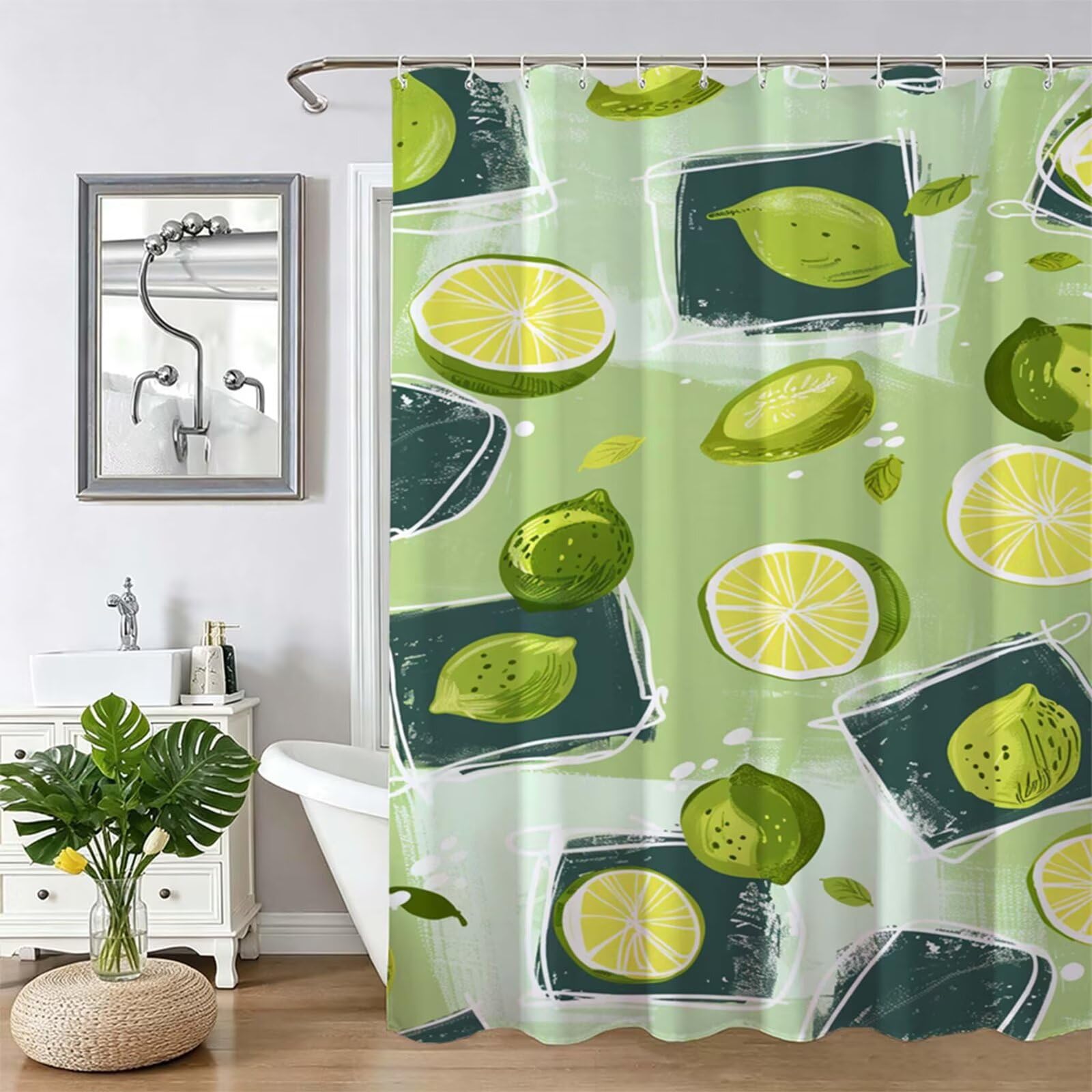 Tenda Doccia in Poliestere verde,Tende per Doccia Extra Lunga 230x180cm,limone Tenda Vasca da Bagno Tessuto Lavabile,Impermeabile e Facile da Pulire,con 12 Ganci,Decorazione per Bagno,Hotel Z-408
