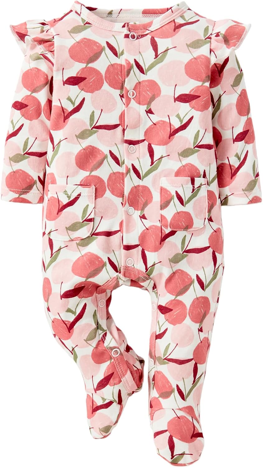 Baby Girls Ruffled Sleeve Footed Romper - 100% Cotton Snap Outfit for 0-12 Months