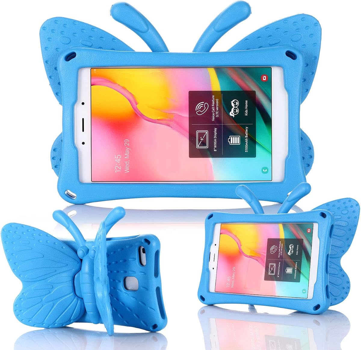 Kids Case for Samsung Galaxy Tab A 8.0 Inch Tablet (SM-T290/T295/T297/T380/T385/T387) (2019/2018/2017 Release) Slim Stand Soft EVA Foam Shockproof Cover with Kickstand Handle, Blue Butterfly