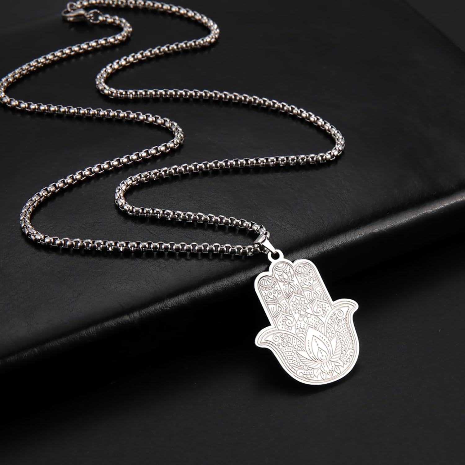 Vintage Stainless Steel Hamsa Hand Pendant Necklace - Good Luck Amulet Protection Talisman Jewelry Gifts for Men & Women - Image 4