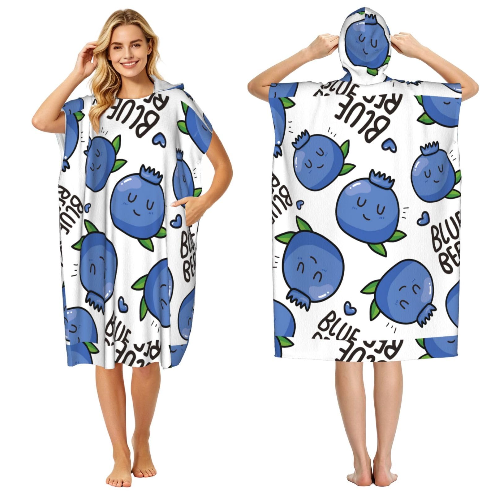 Poadnly Blueberry Pattern, Adult Hooded Beach Towel 90 x 110 cm,Changing Bath Robe, Surf Poncho Towel For Women Men