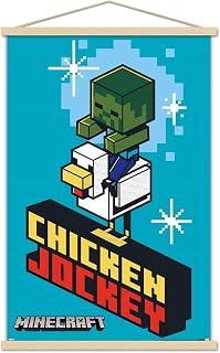 Trends International Minecraft - Chicken Jockey Wall Poster with Magnetic Frame, 34L x 22.4W, Print and Beechwood Hanger Bundle
