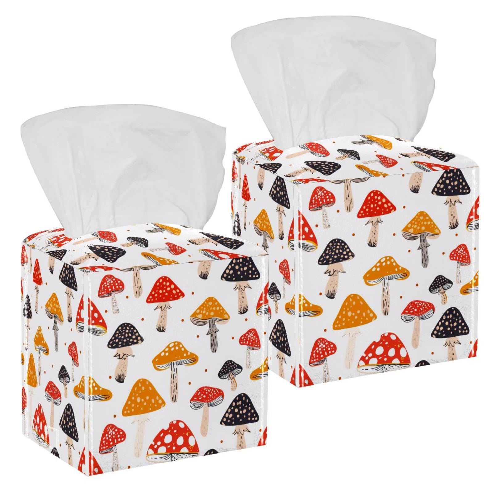 Mushrooms Tissue Box Cover, 2 Pack PU Leather Square Facial Tissue Dispenser Box holder for Home Office Car