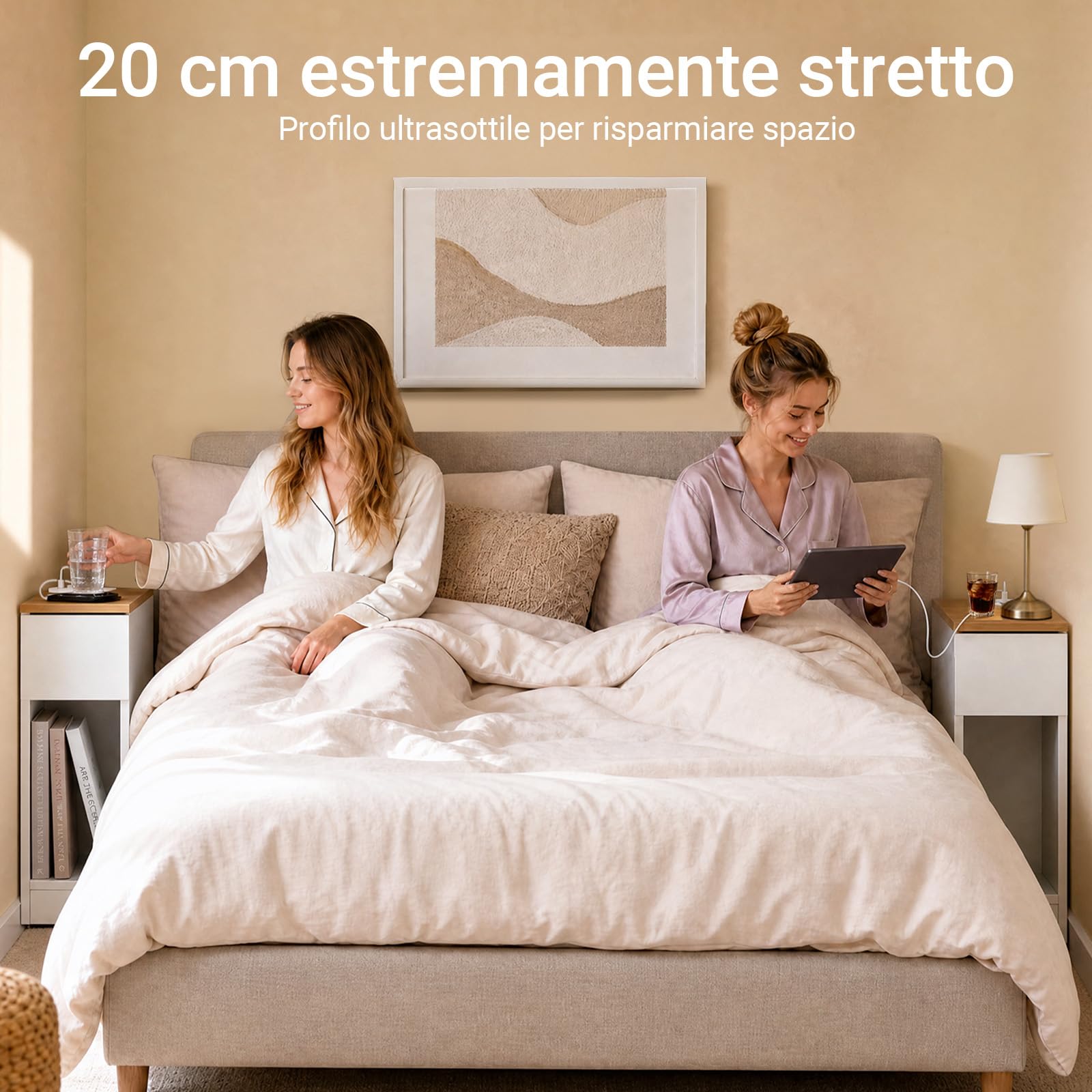 SoBuy Set da 2 comodini camera da letto stretti con ricarica USB & Type-C, tavolino da letto con incavo battiscopa, mobile salvaspazio per piccoli ambienti, bianco 20x35x60 cm FBT111-E-WNx2