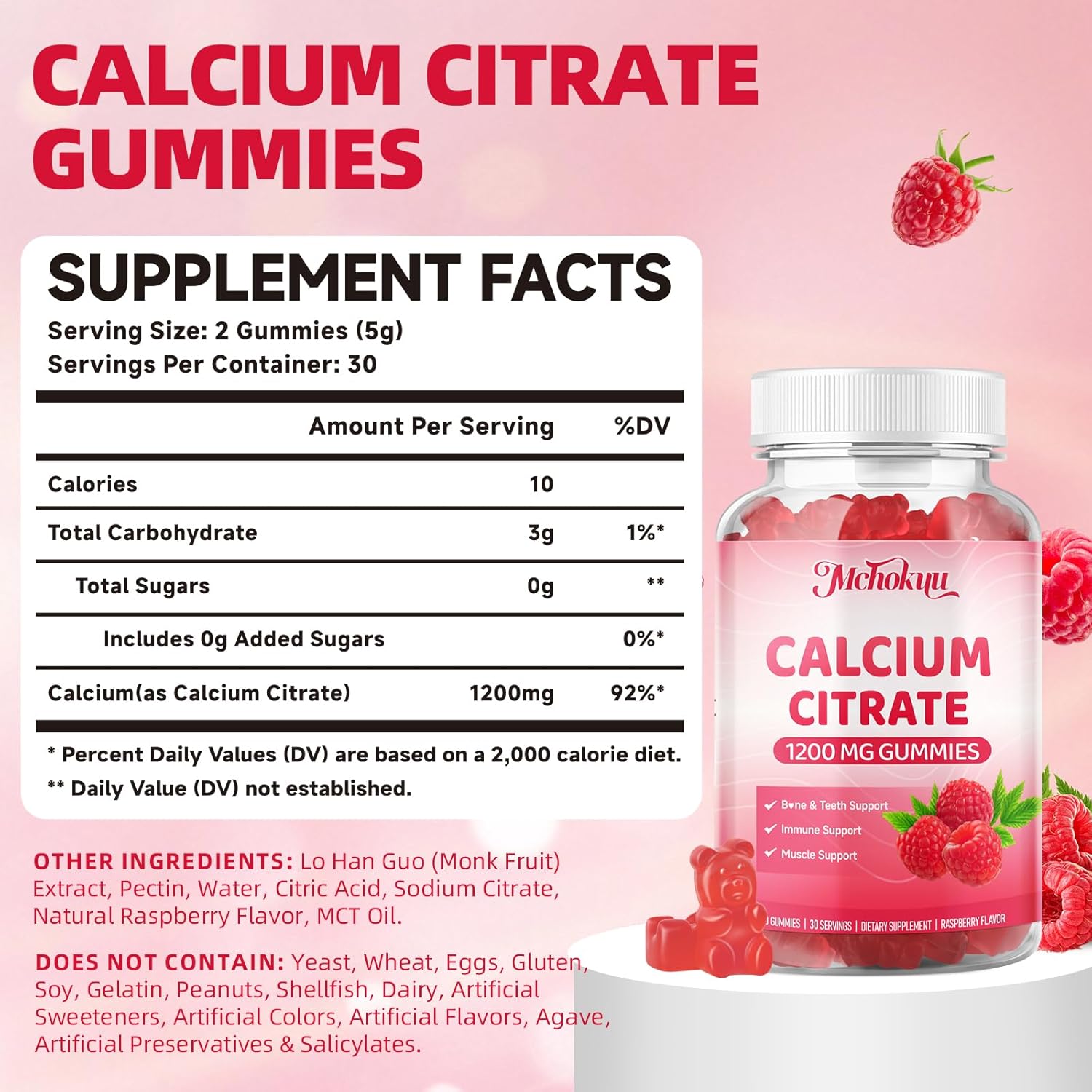 Calcium Citrate Gummies 1200mg Chewable Calcium Supplement for Women & Men, Supports Bone, Muscle & Immune Health, Sugar-Free, Non-GMO, Gluten-Free, Natural Raspberry Flavor, 120 Count