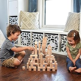 Pidoko Kids Wooden Blocks - 100 Pcs - Building Blocks for Toddlers - Includes Storage Container with Shape Sorter Lid - Natural Beech Wood Blocks - Preschool Learning Toys Stacking Block