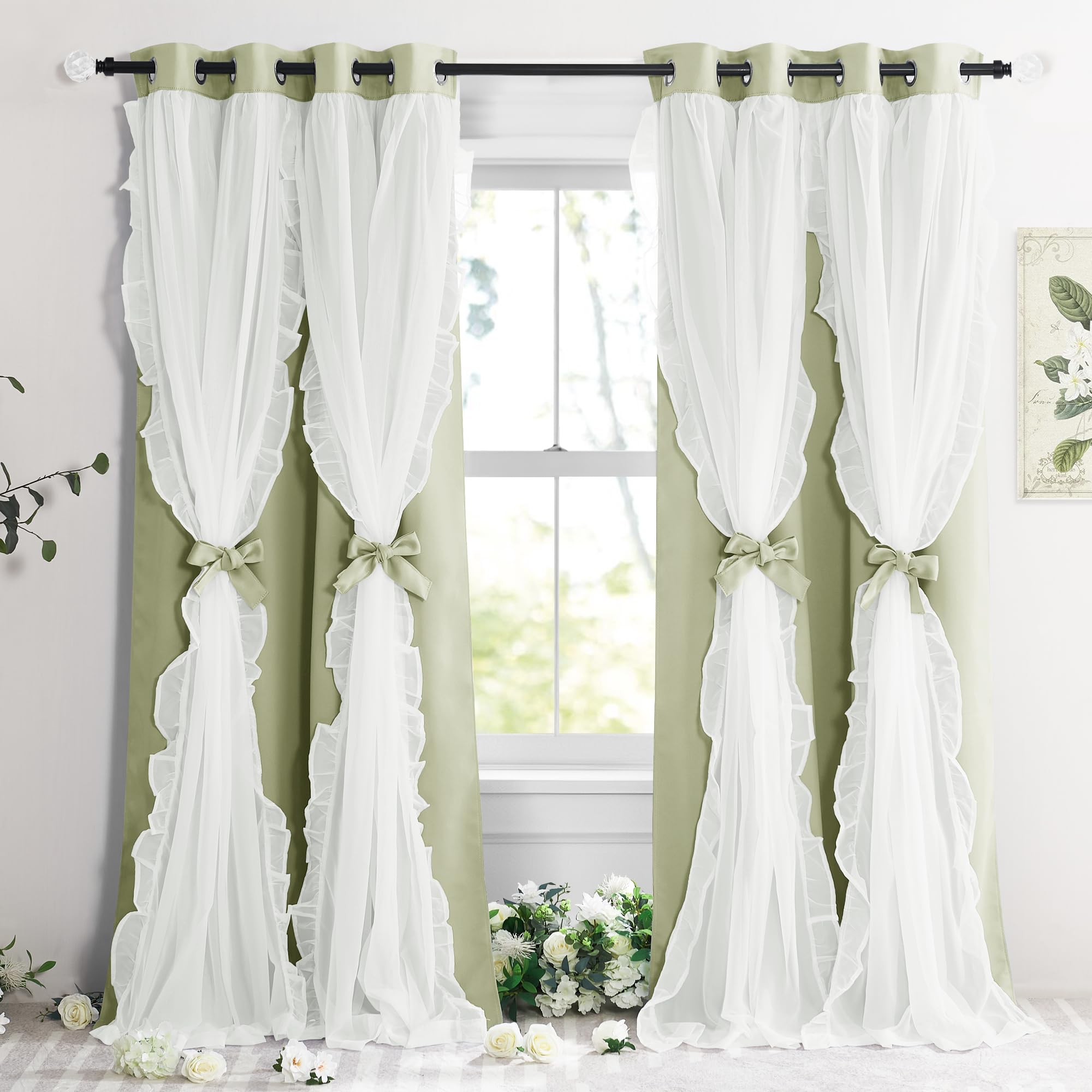 PONY DANCE Blackout Curtains for Living Room Decor Window Treatment Double Layer Drapes Ruffle Sheer Overlay Farmhouse Rustic Design, W 52 x L 84 Inches, Meadow Green, 2 Panels