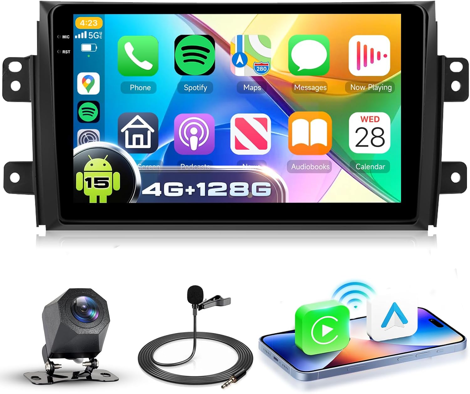 VECHTEL 4G+128G Car Radio Android 15 for Suzuki SX4 2006-2013 Fiat Sedici 2005-2014 9 Inch In-Cell HD Touchscreen with Wireless Carplay Android Car Support GPS WiFi USB Bluetooth FM RDS Camera