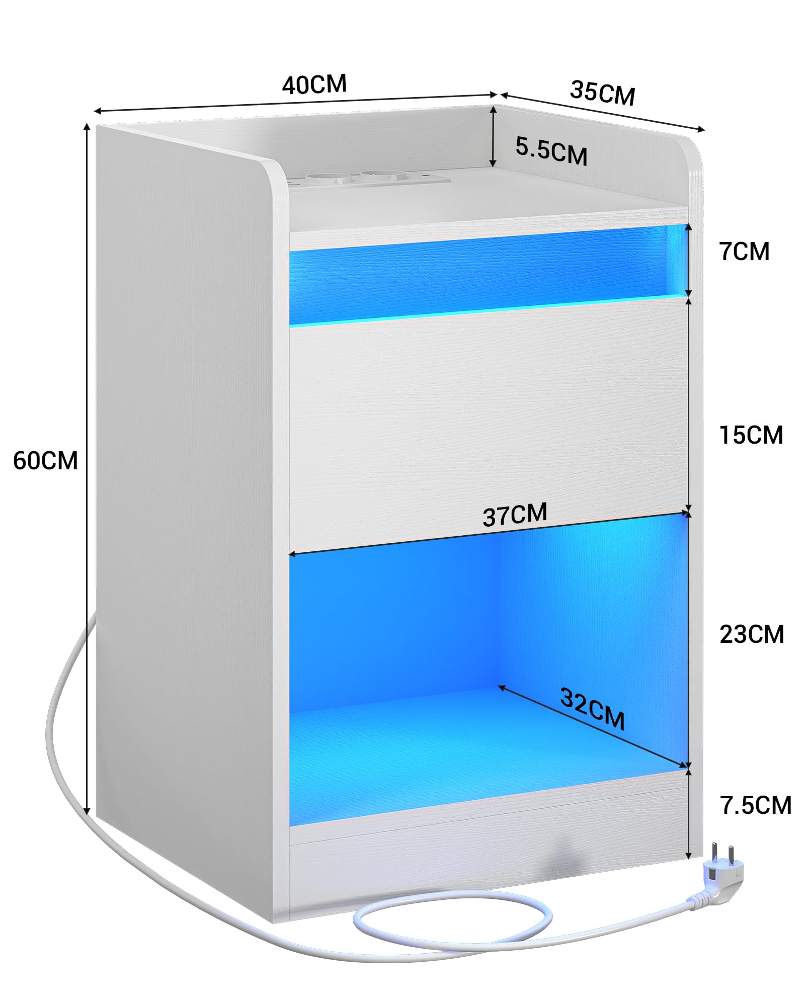 Comodino A LED VASAGLE Con Stazione Ricarica - Luci LED Regolabili, 2 Prese AC + 2 USB, Cassetto E Vano Aperto, Colore Bianco, 35x40x55 Cm