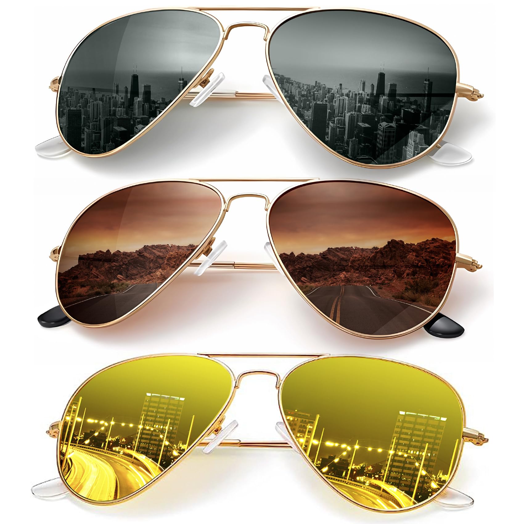 KALIYADI Classic Aviator Sunglasses for Men Women Driving Sun glasses Polarized Lens UV Blocking F (3 Pack) Blackish Green/Brown/Night Vision 62 Millimeters