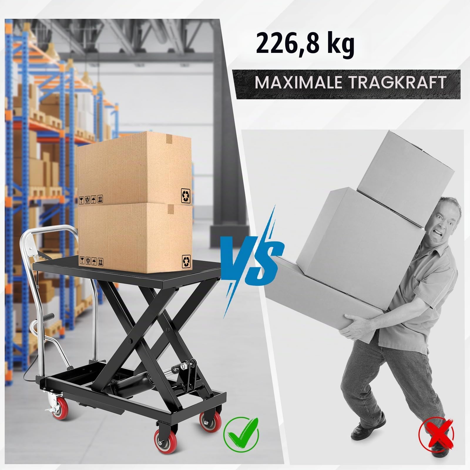 Hydraulischer Hubwagen 500 lbs/227kg Tragkraft - Mobiler Tischwagen mit Doppelscheren, Feststellbaren Lenkrollen & Sicherheitsverriegelung - inkl. Gummimatte