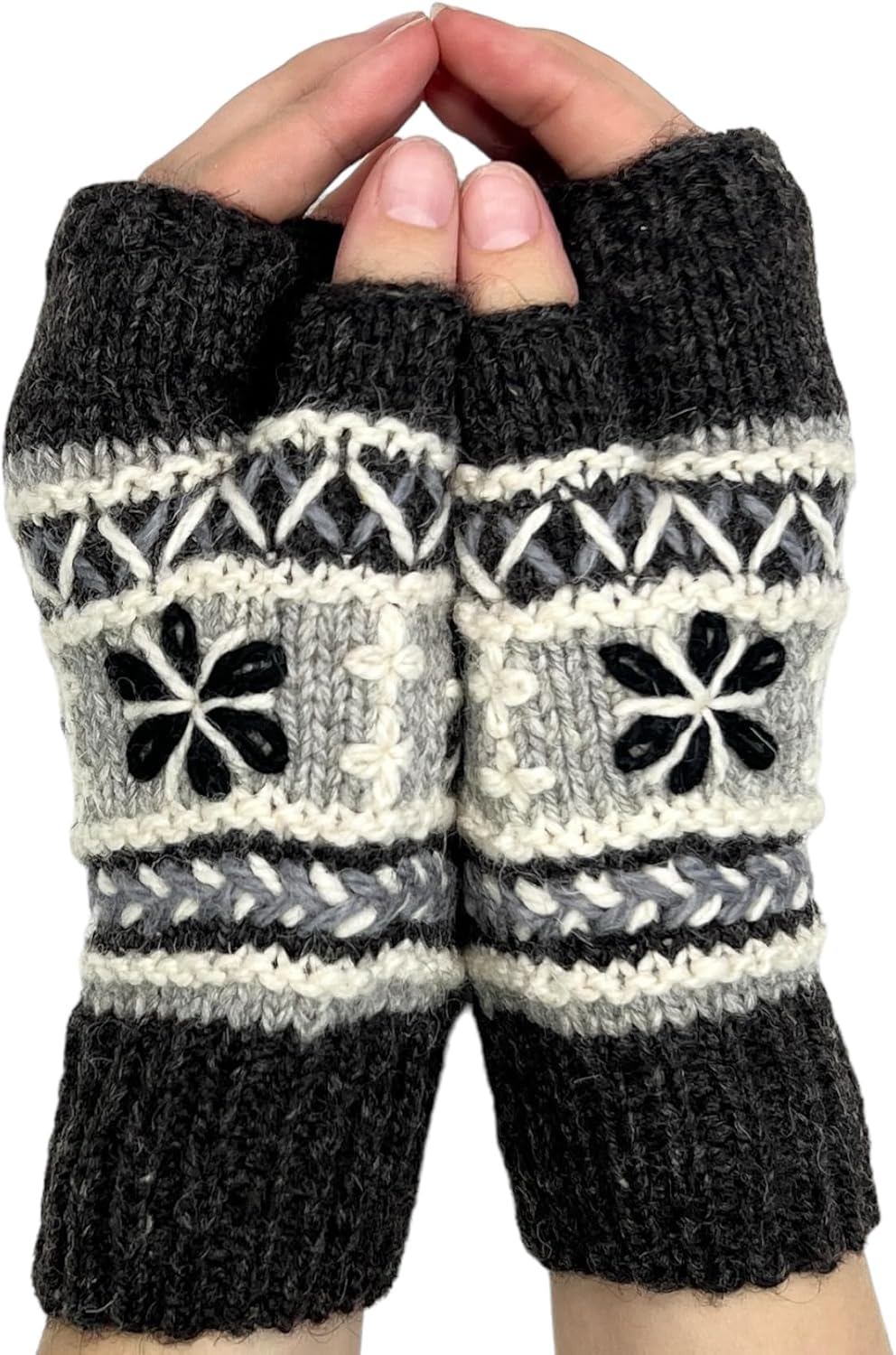 Hand Knit Alpaca Fingerless Embroidered Gloves Fleece Lined Winter Texting Driving Warm - Image 2