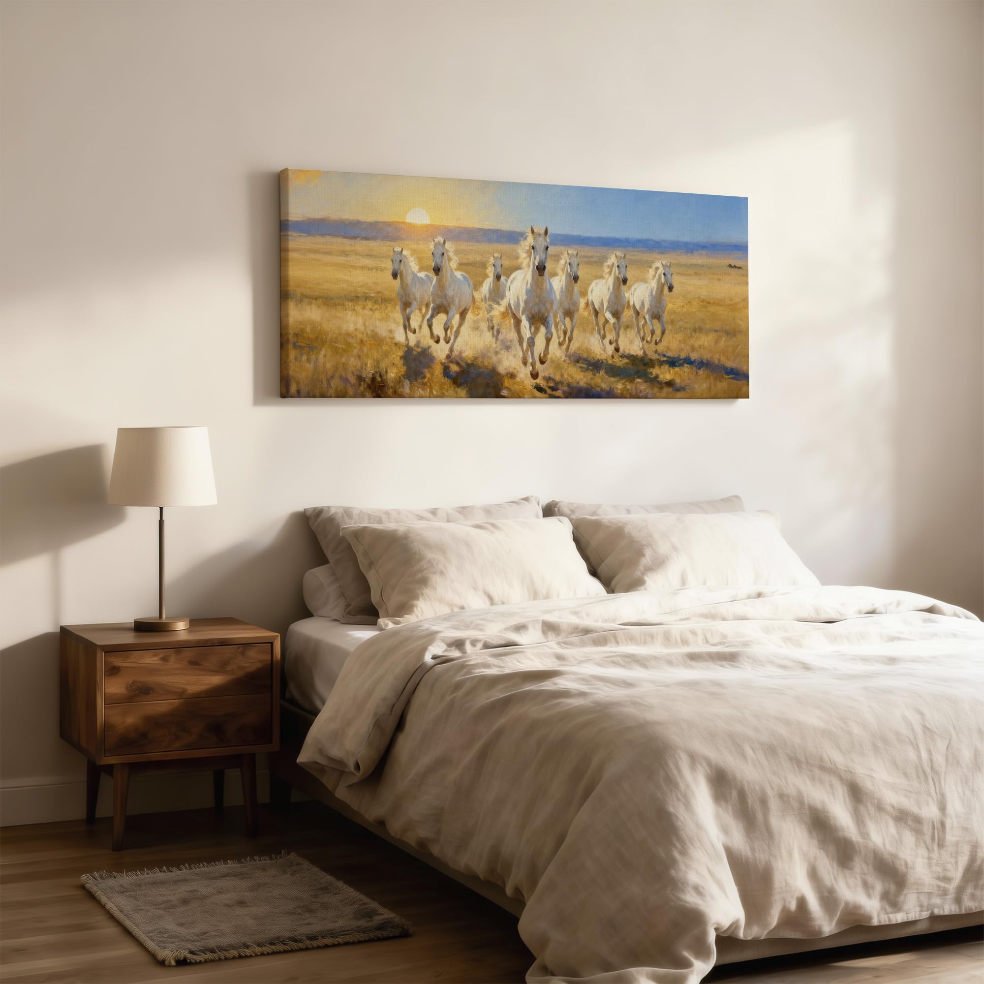 SoulAbiti Vastu Seven White Horses Calm Morning Unframed 36x14 inches Rolled Canvas Wall Realism Art UV Print Painting for Living Room, Bedroom & Office Decor Premium Gloss Vivid Fade-Resistant Print 4