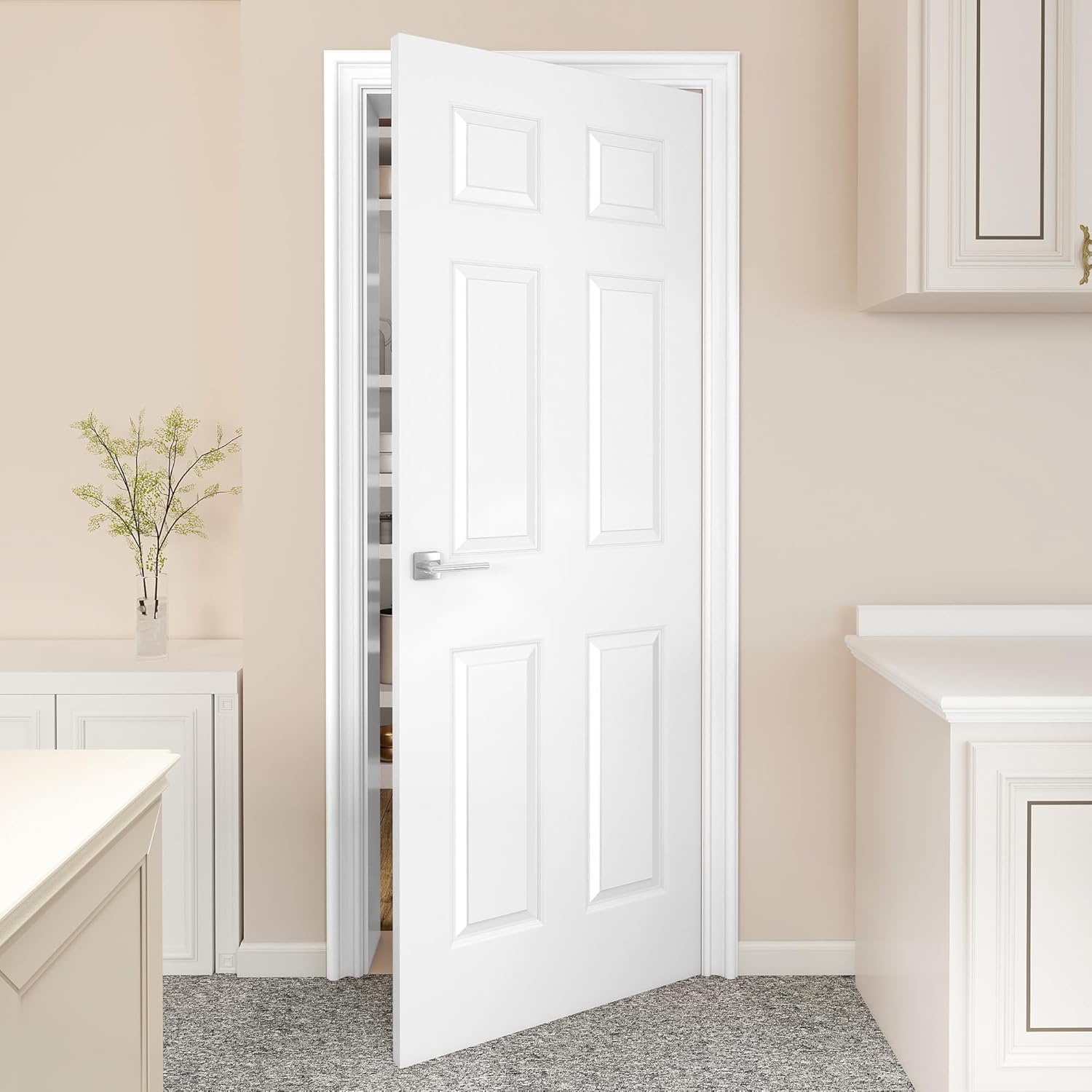 JUBEST 24"x80" Raised 6-Panel Textured White Primed Hollow Core Interior Molded Door Slab, NOT Pre-drilled and NOT Included Hardware, Paintable Interior Door for Pantry, Laundry, Office