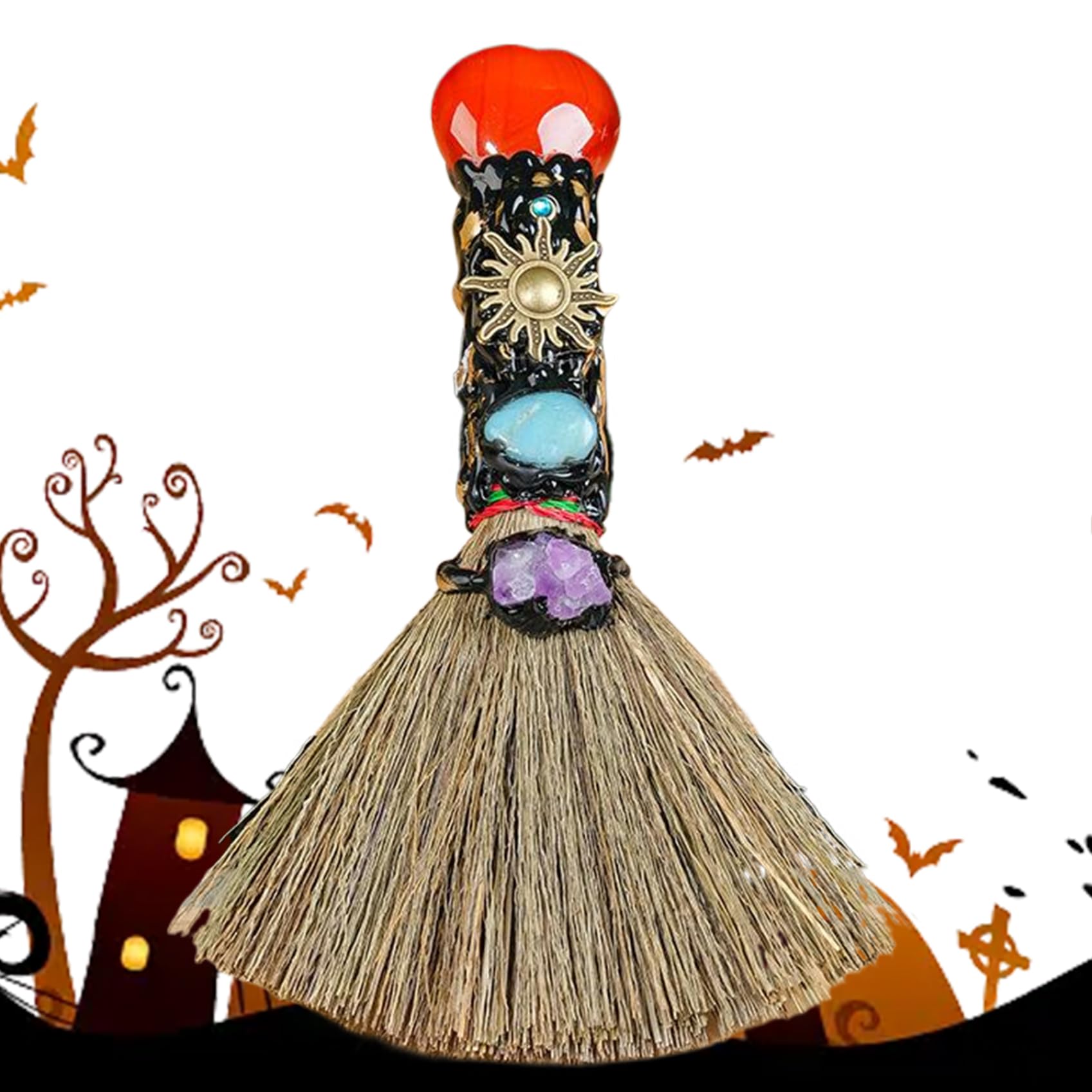 KUYYFDS Halloween Witch Broom Crystal Witch Wiccan Altar Broom Witch Broomstick with Heart-Shape Red Agate Halloween Witch Costume Decor for Healing Cleansing Fengshui