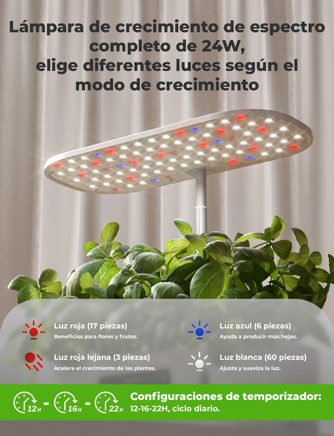 Sistema de Cultivo Hidropónico Kit de Cultivo Interior con Iluminación LED Automática, Huerto Interior con Temporizador Automático, Altura Ajustable (13 Vainas)