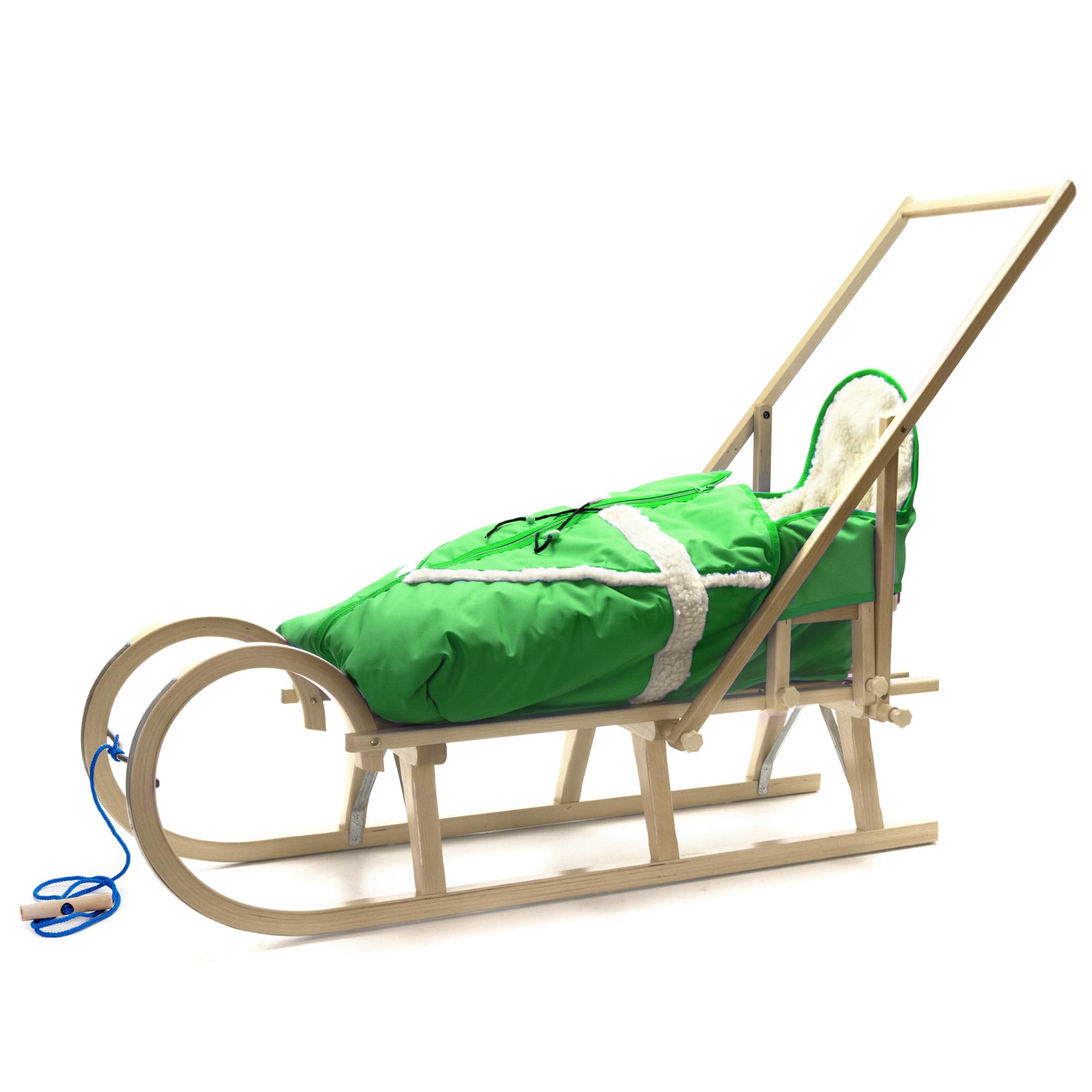 Babyschlitten Hörnerschlitten Holzschlitten Baran Baby 120 mit Lehne Schieber Alaska Schlittensack mit Farbauswahl (Grün)